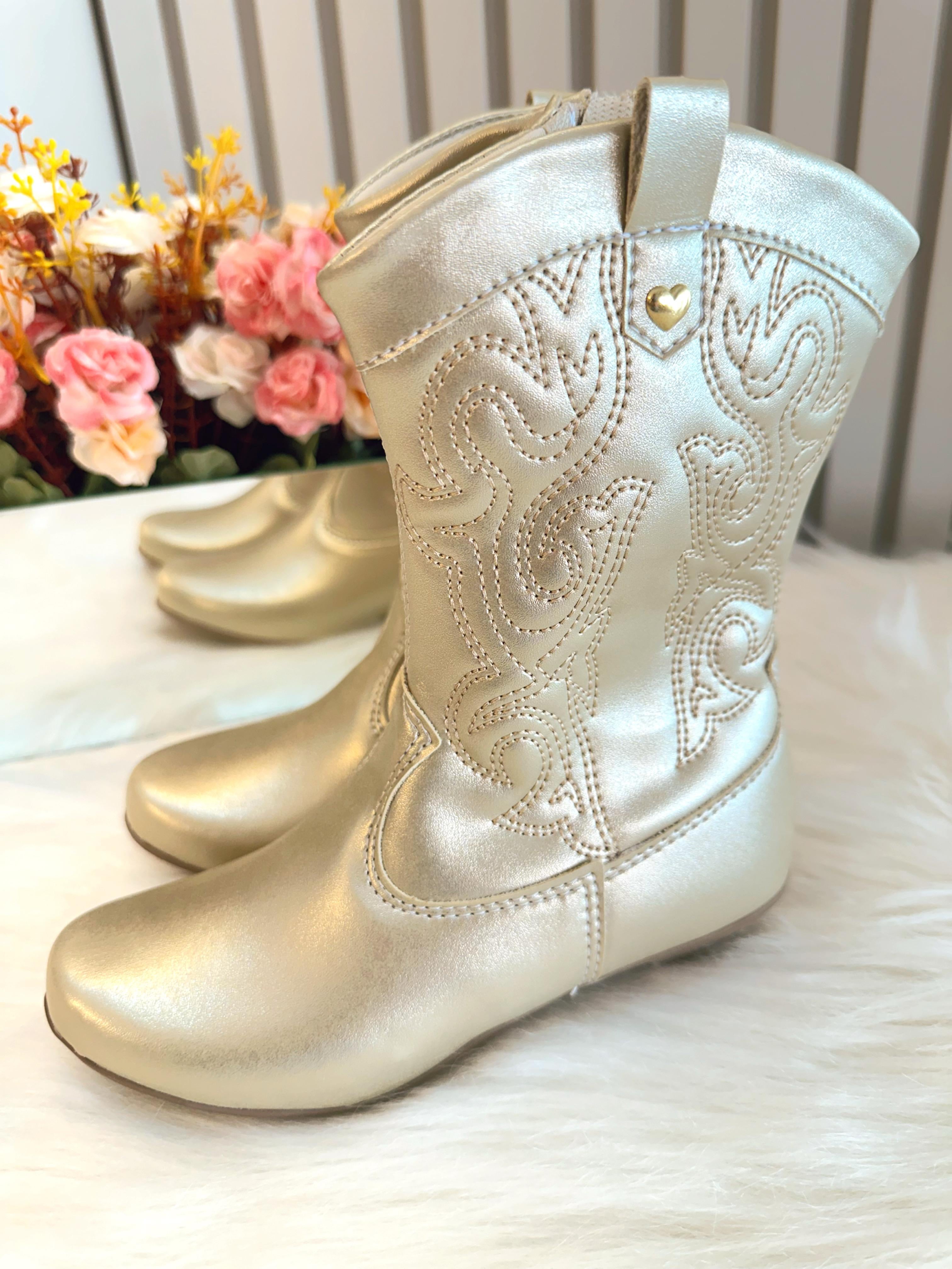 Bota infantil Boiadeira Texana Dourada Com Zíper e Salto