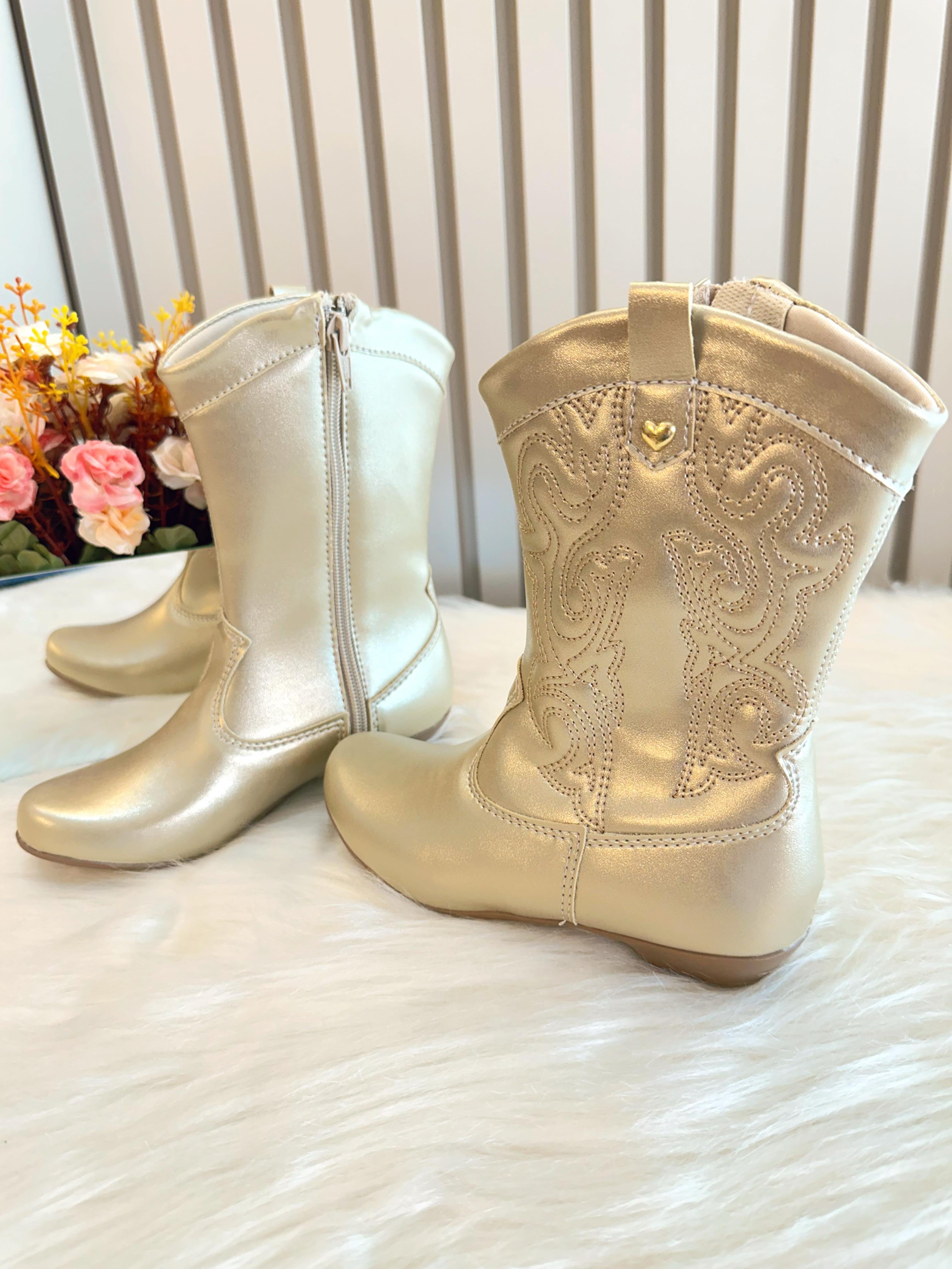Bota infantil Boiadeira Texana Dourada Com Zíper e Salto