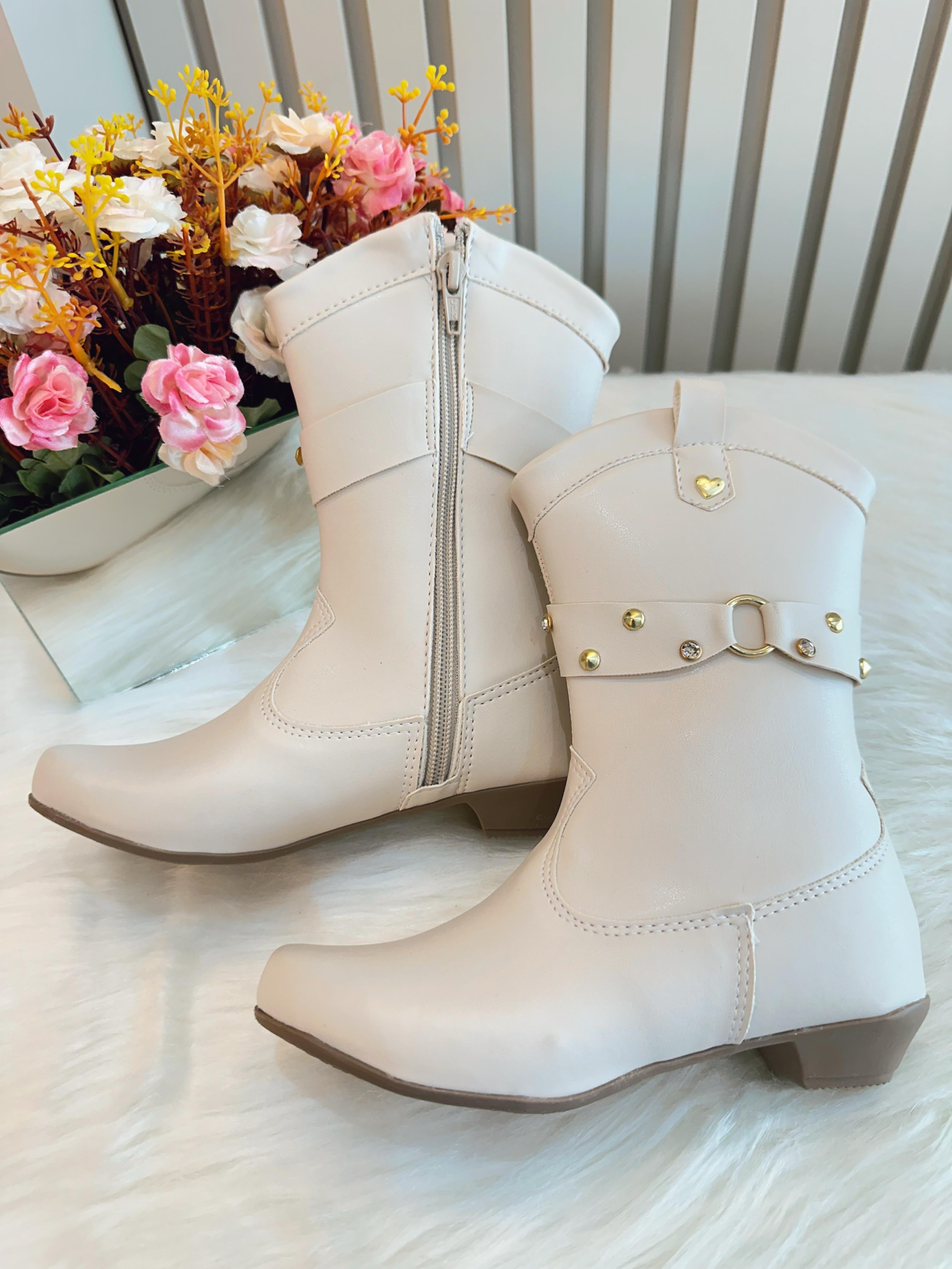 Bota infantil Boiadeira Texana Off White Com Salto e Zíper