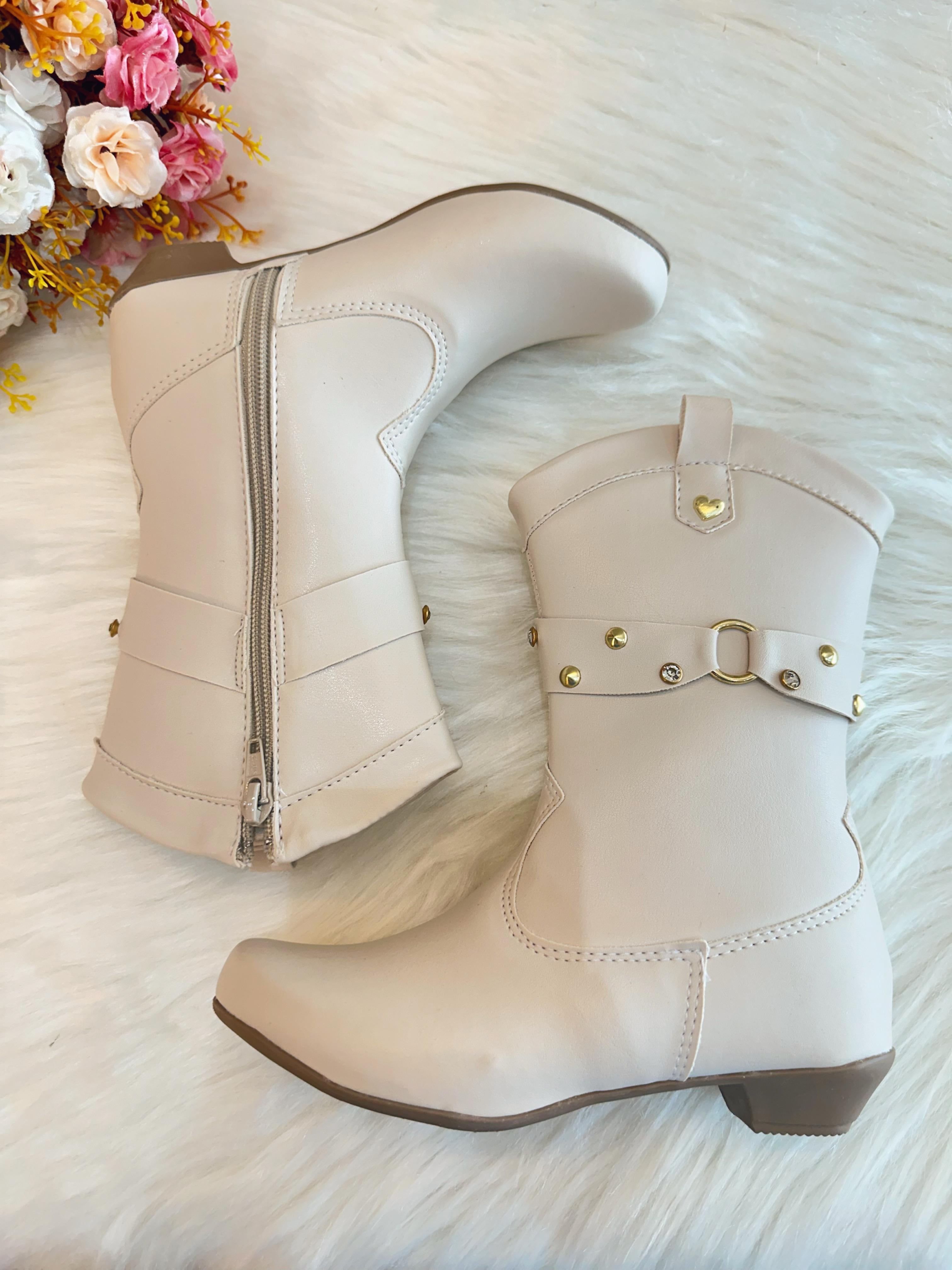 Bota infantil Boiadeira Texana Off White Com Salto e Zíper