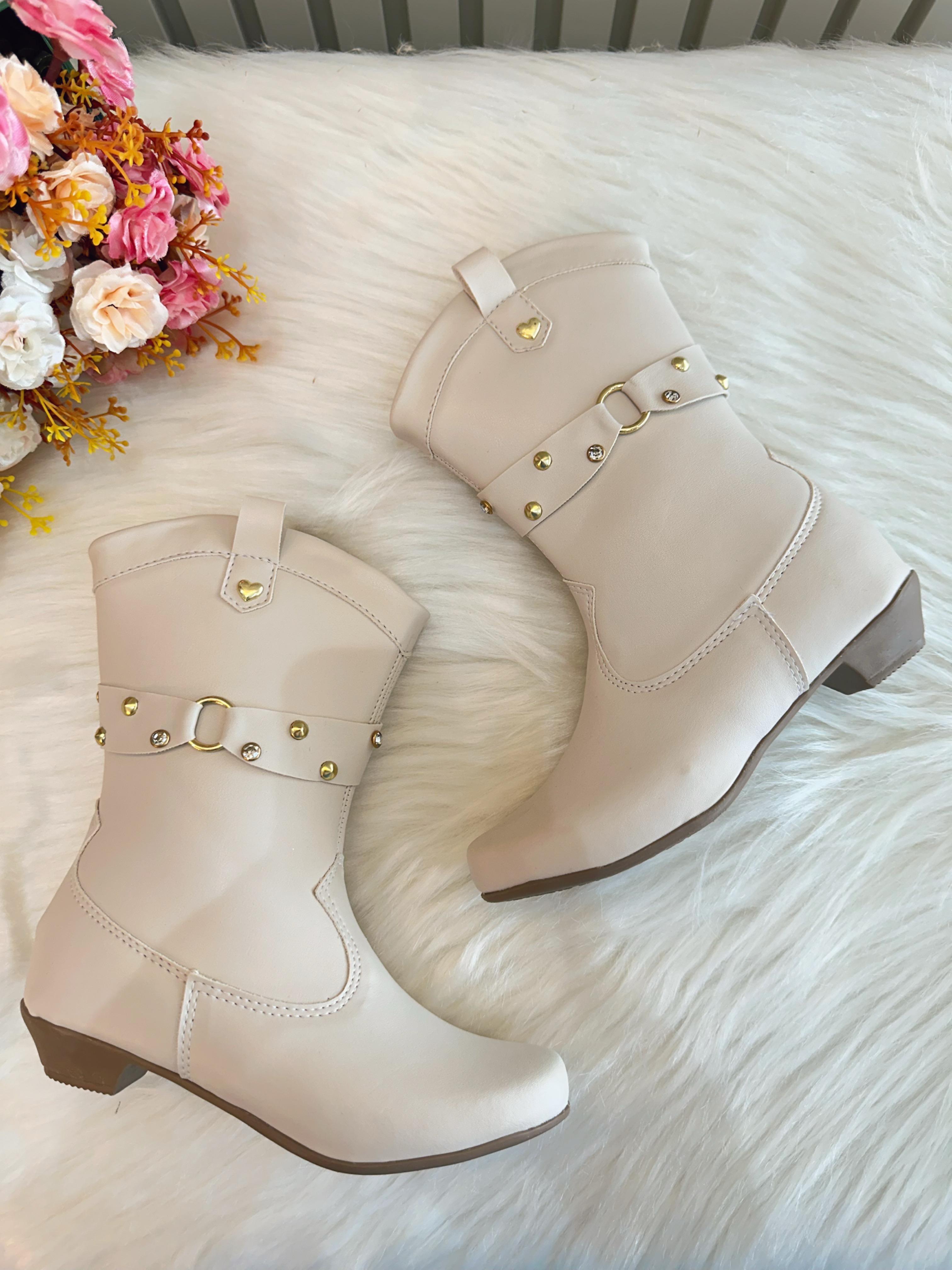 Bota infantil Boiadeira Texana Off White Com Salto e Zíper