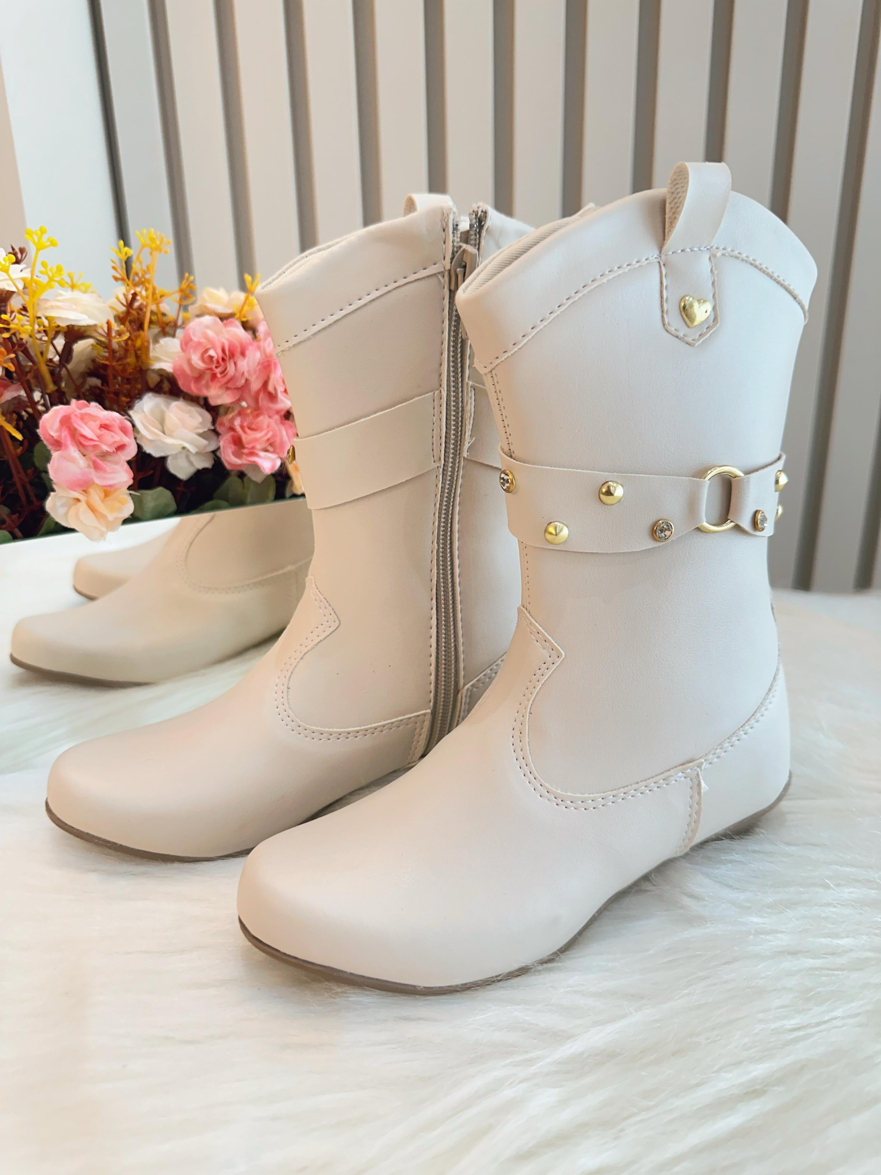 Bota infantil Boiadeira Texana Off White Com Salto e Zíper