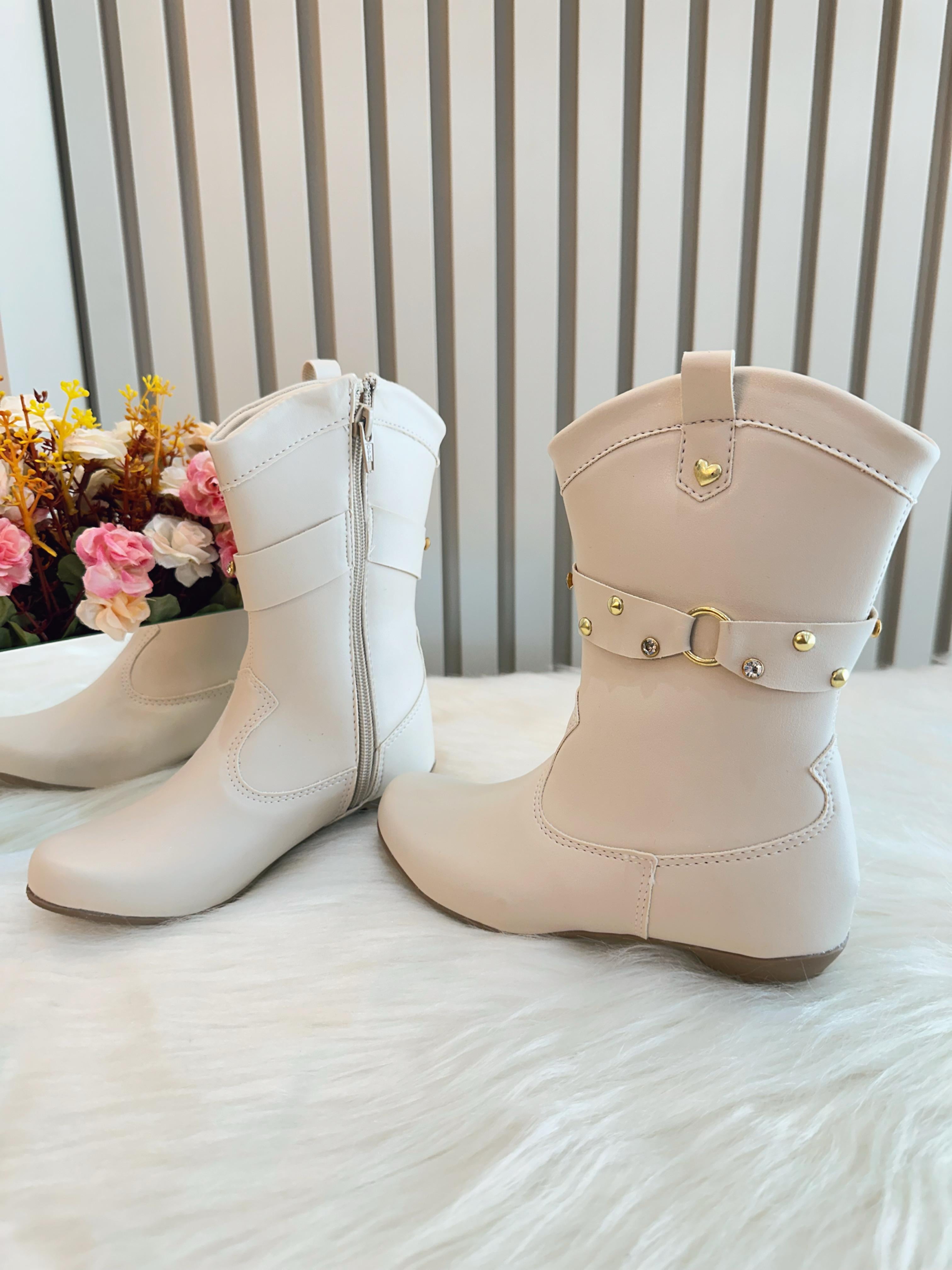 Bota infantil Boiadeira Texana Off White Com Salto e Zíper
