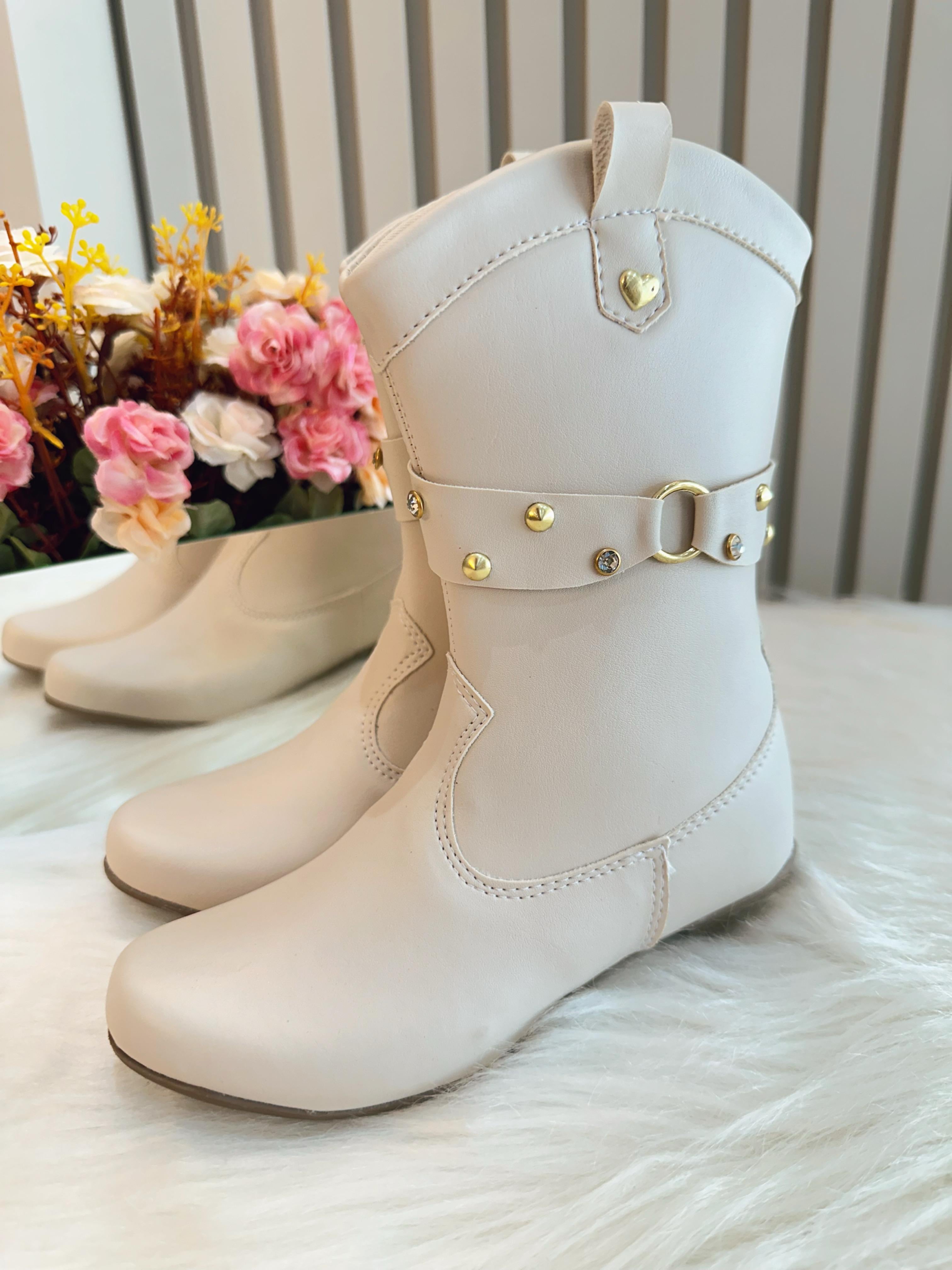 Bota infantil Boiadeira Texana Off White Com Salto e Zíper