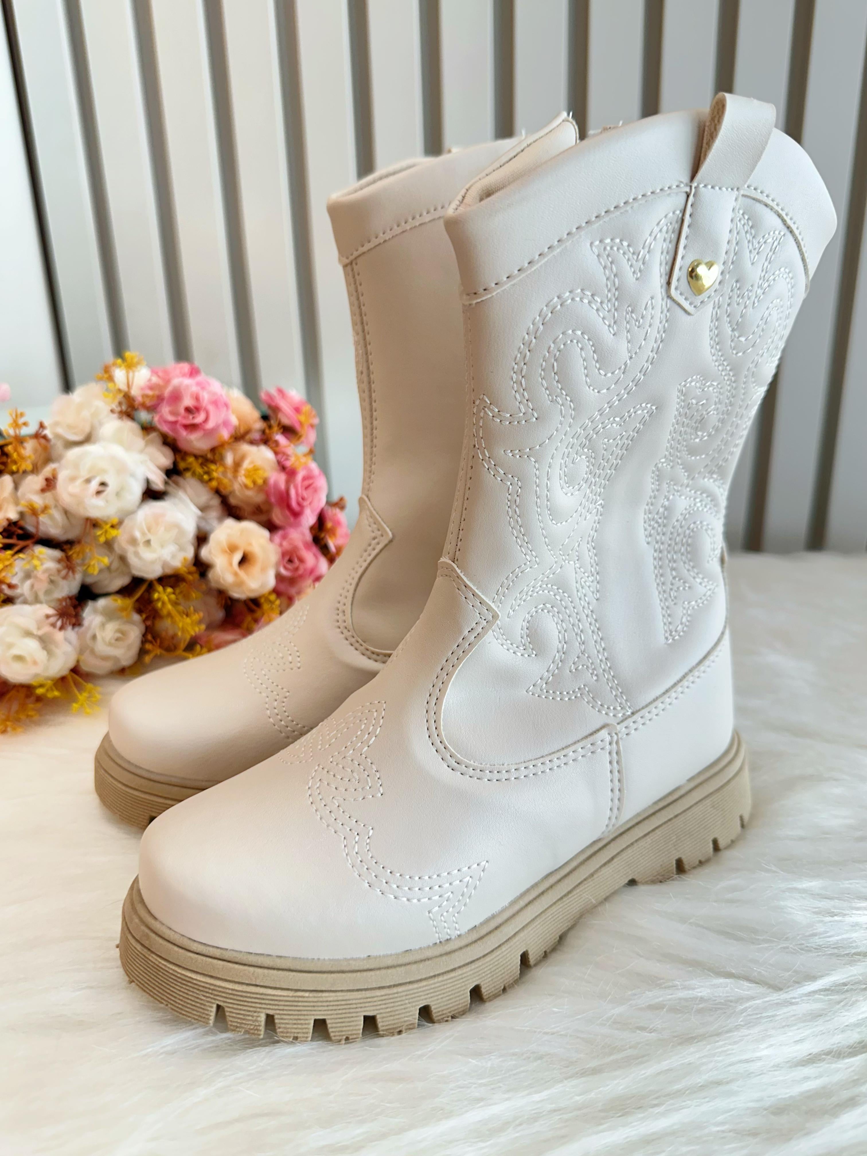 Bota infantil Boiadeira Texana Off White Com Zíper Luxo