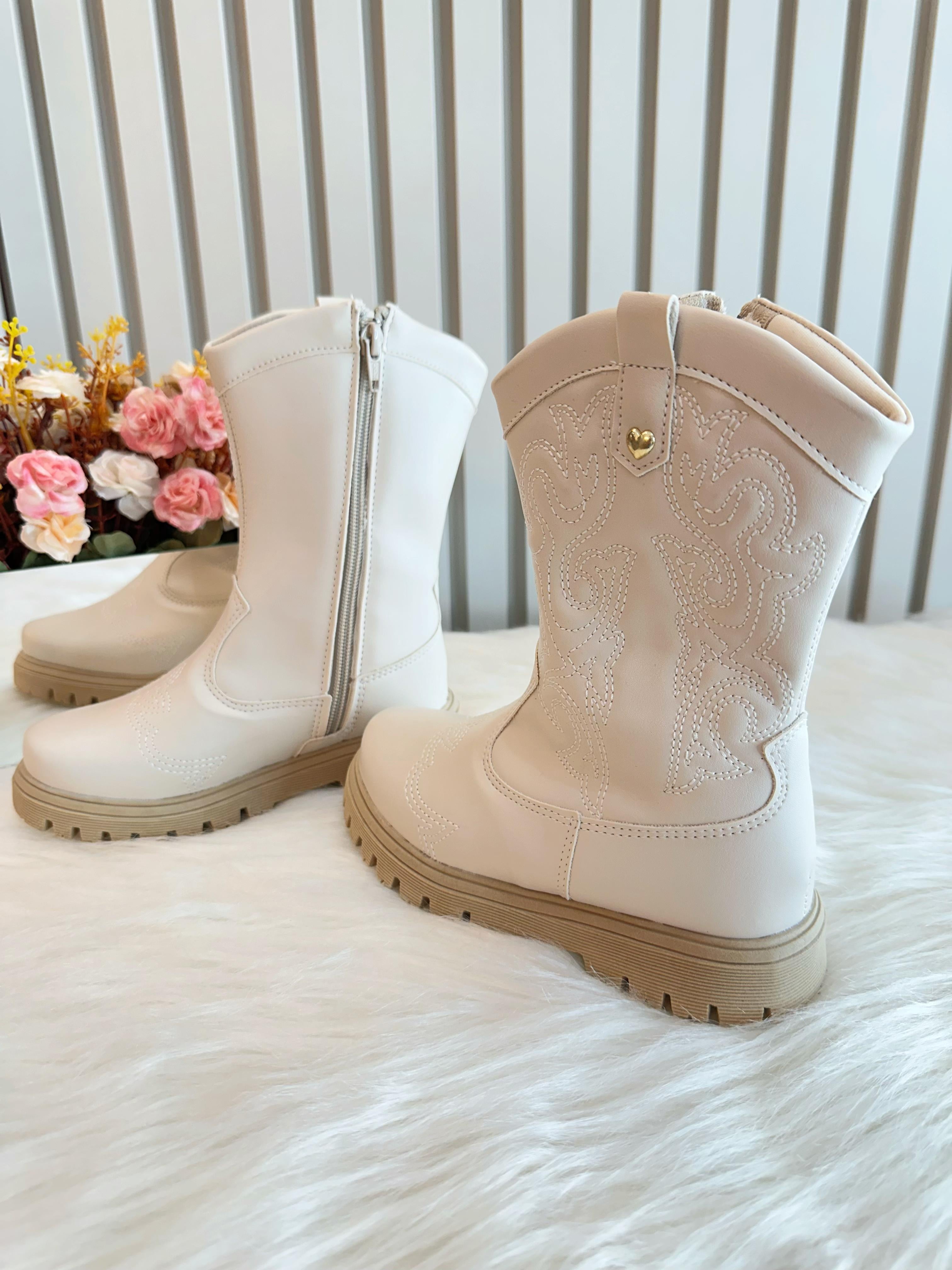 Bota infantil Boiadeira Texana Off White Com Zíper Luxo