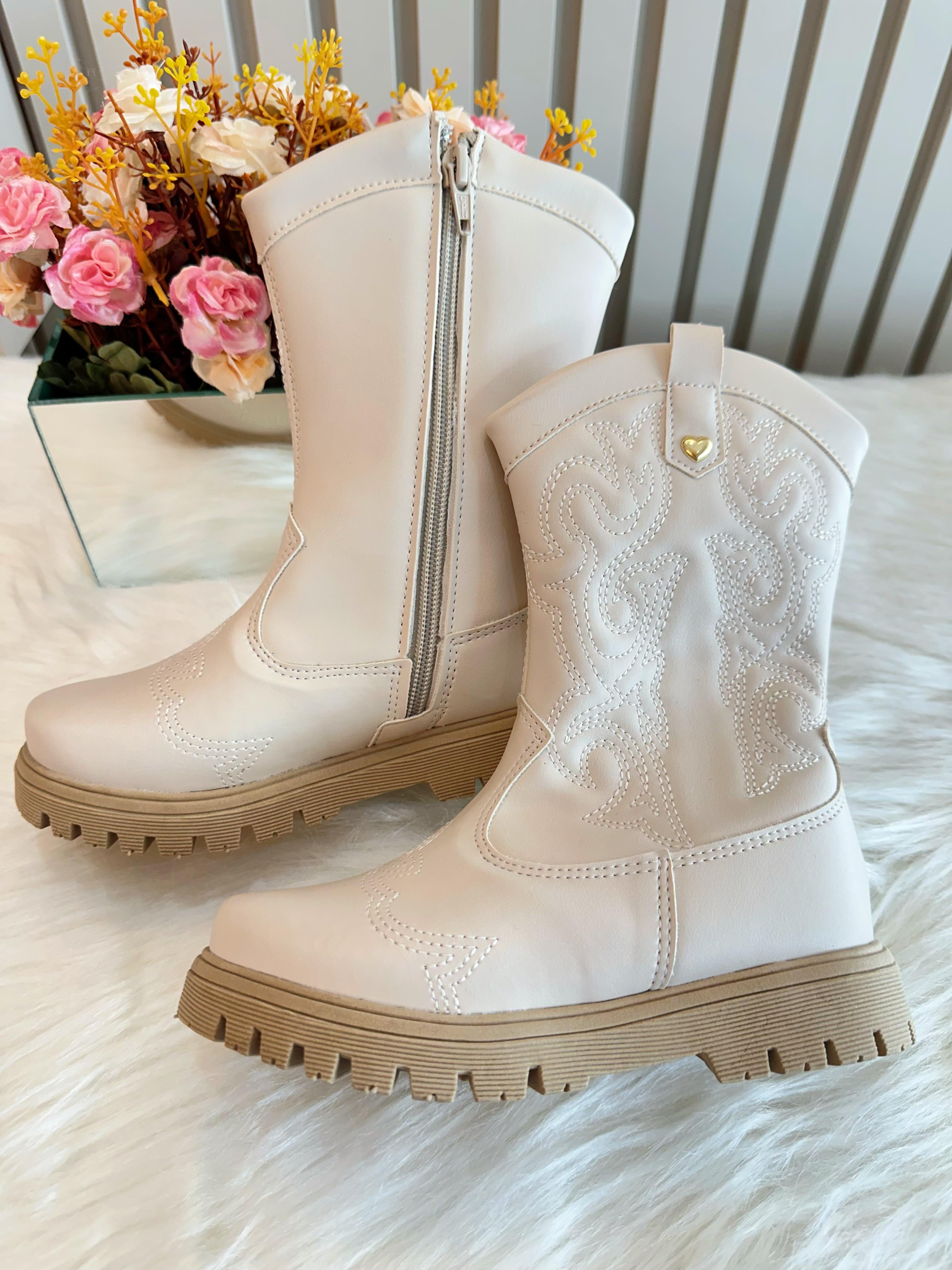 Bota infantil Boiadeira Texana Off White Com Zíper Luxo