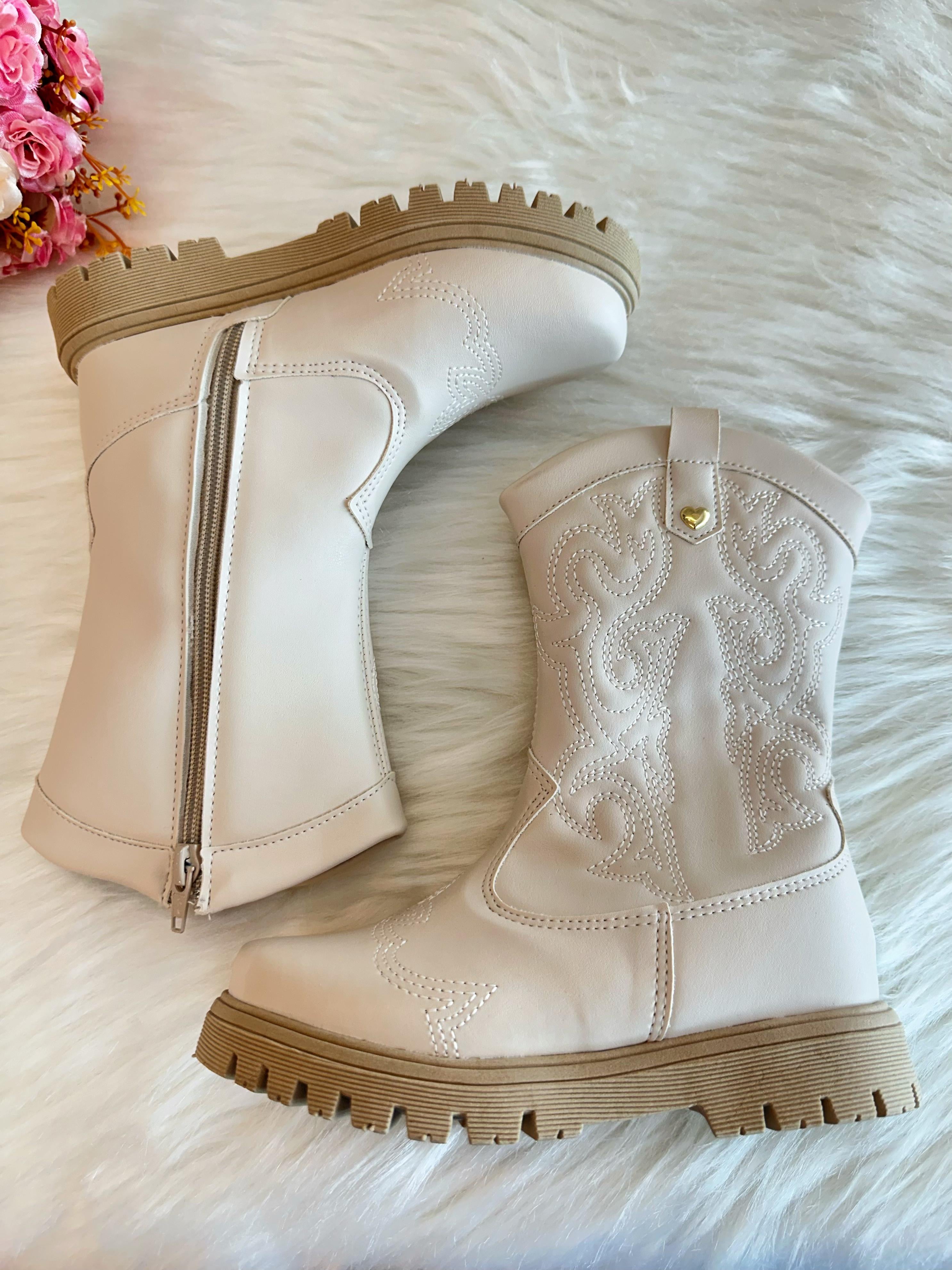 Bota infantil Boiadeira Texana Off White Com Zíper Luxo