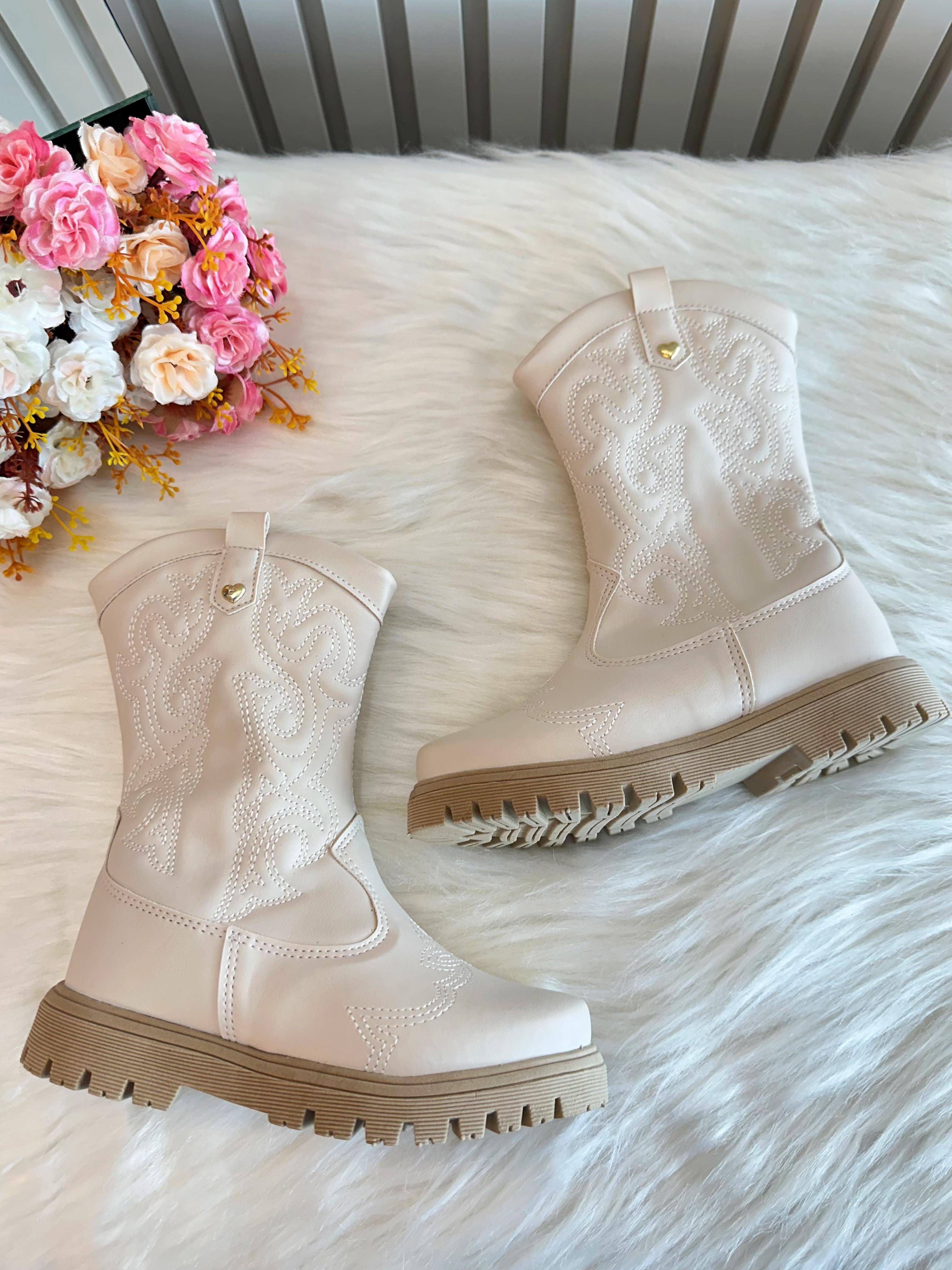 Bota infantil Boiadeira Texana Off White Com Zíper Luxo