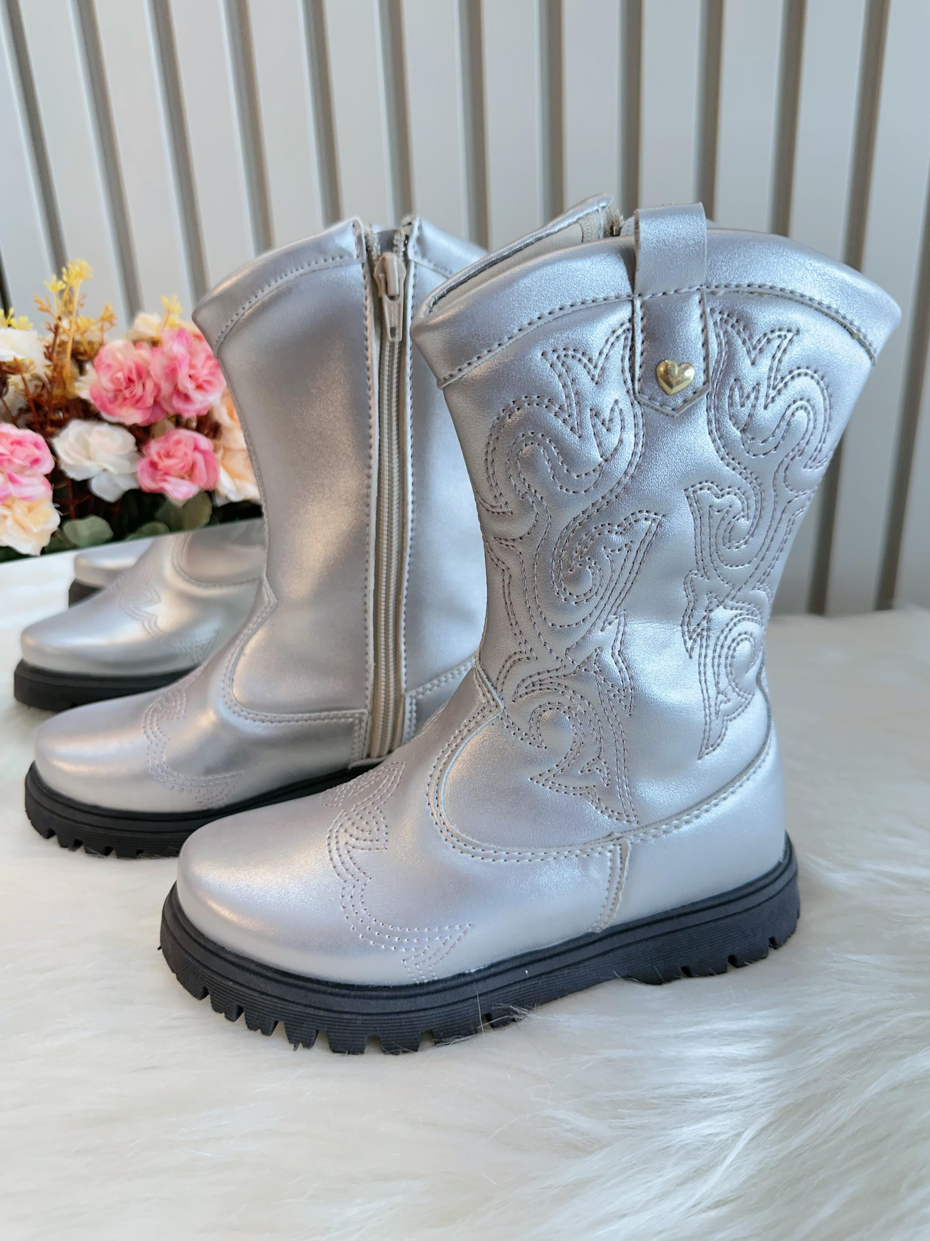 Bota infantil Boiadeira Texana Prata Com Zíper Luxo