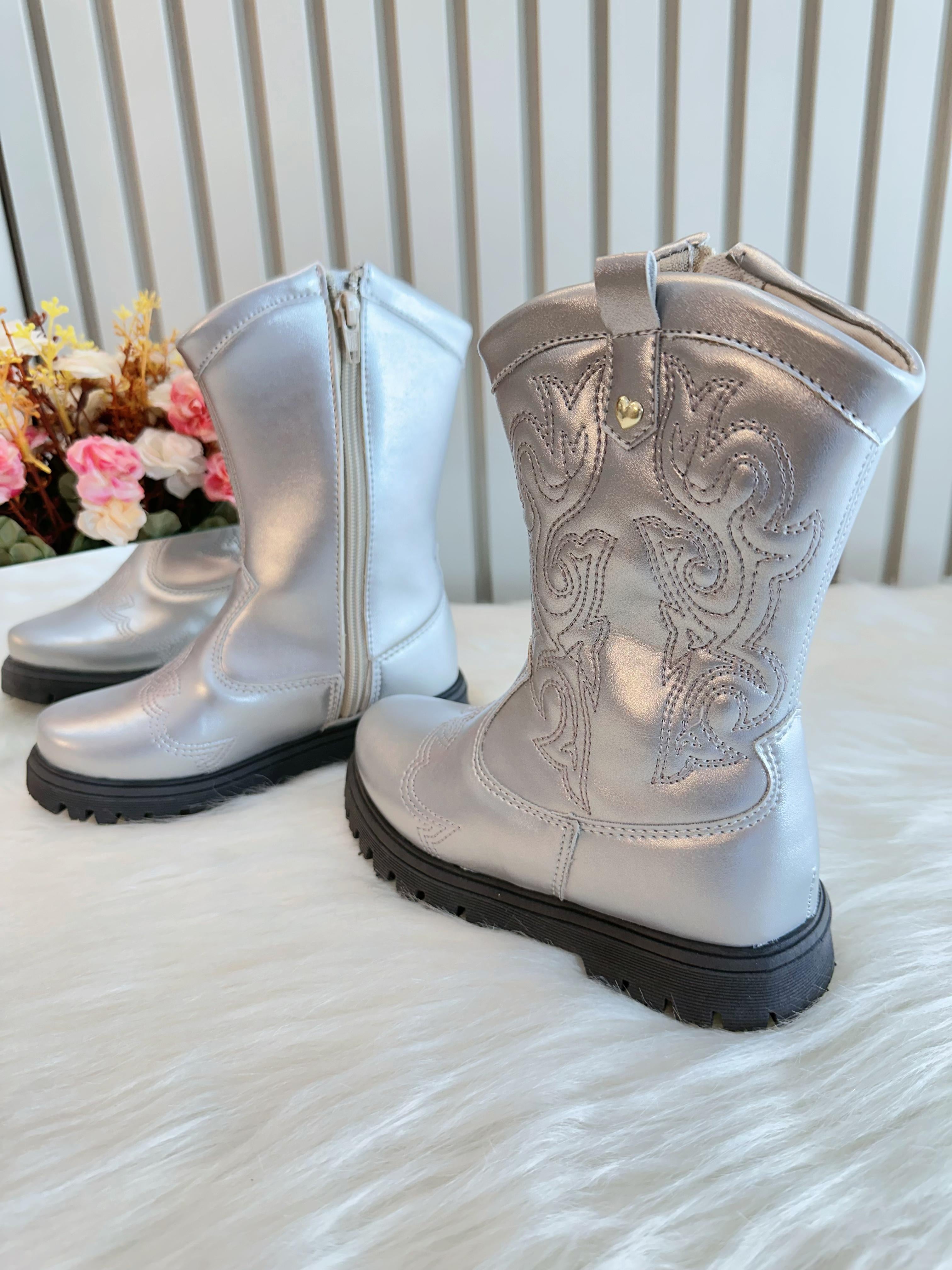 Bota infantil Boiadeira Texana Prata Com Zíper Luxo