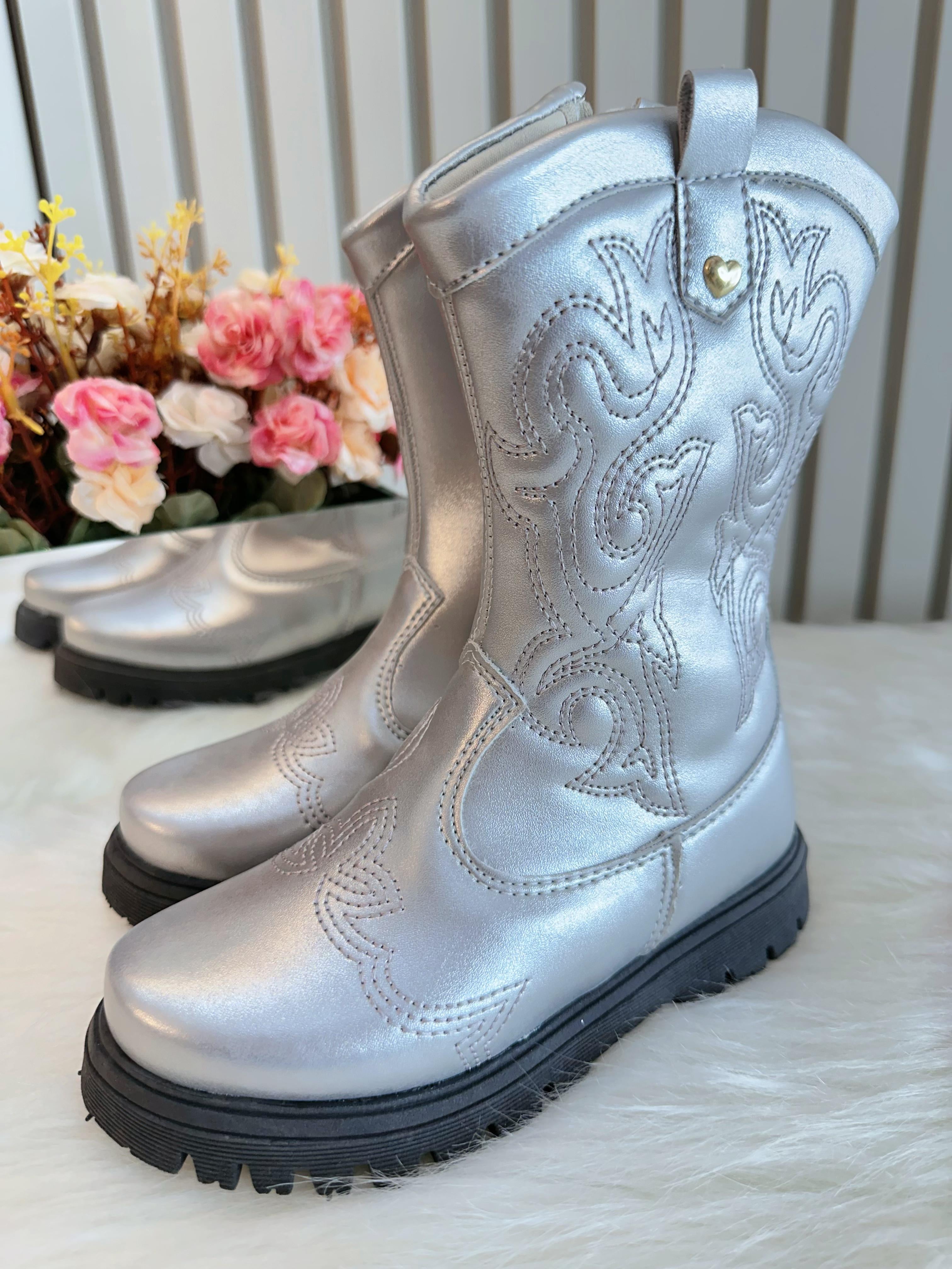 Bota infantil Boiadeira Texana Prata Com Zíper Luxo