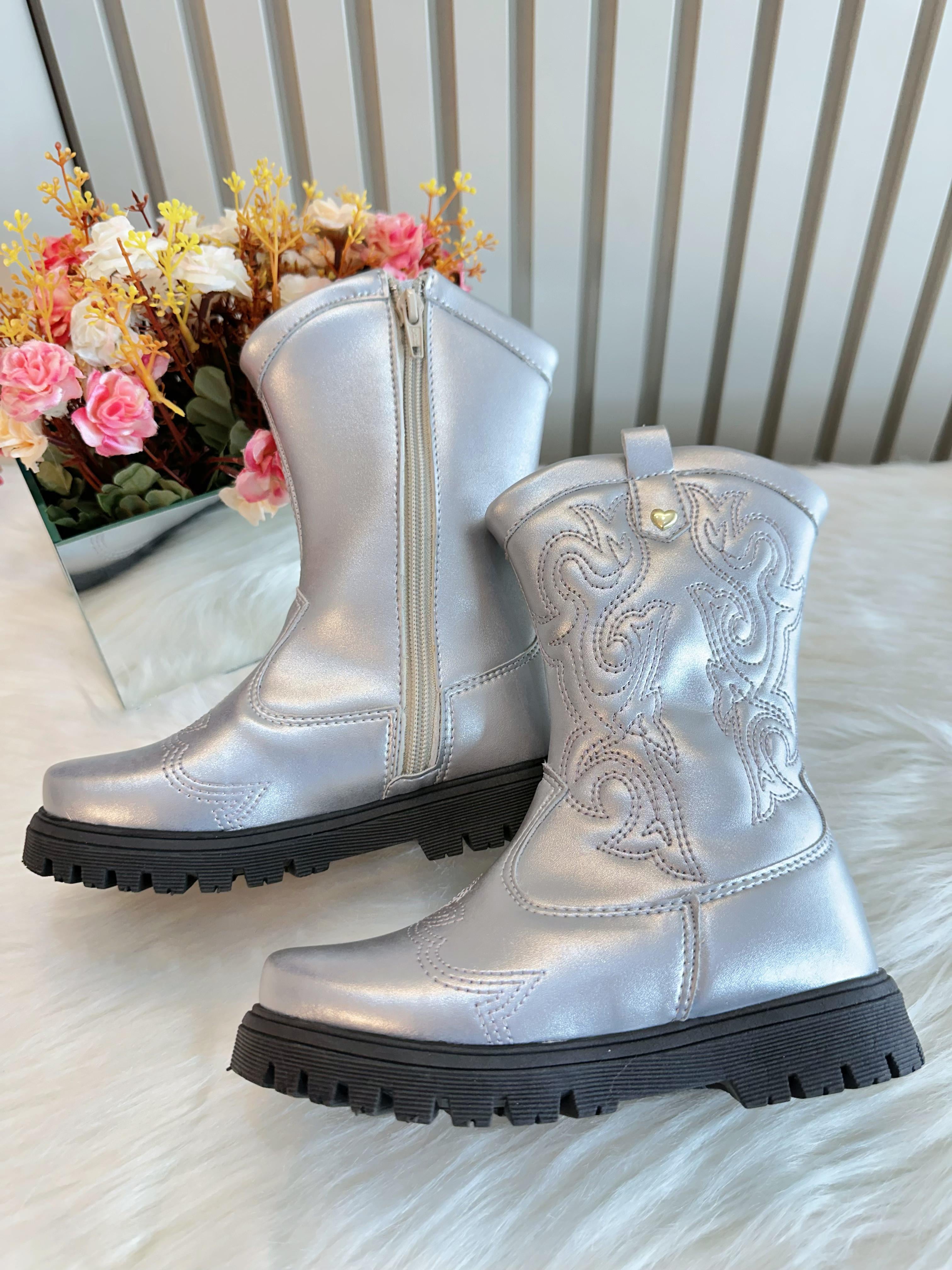Bota infantil Boiadeira Texana Prata Com Zíper Luxo
