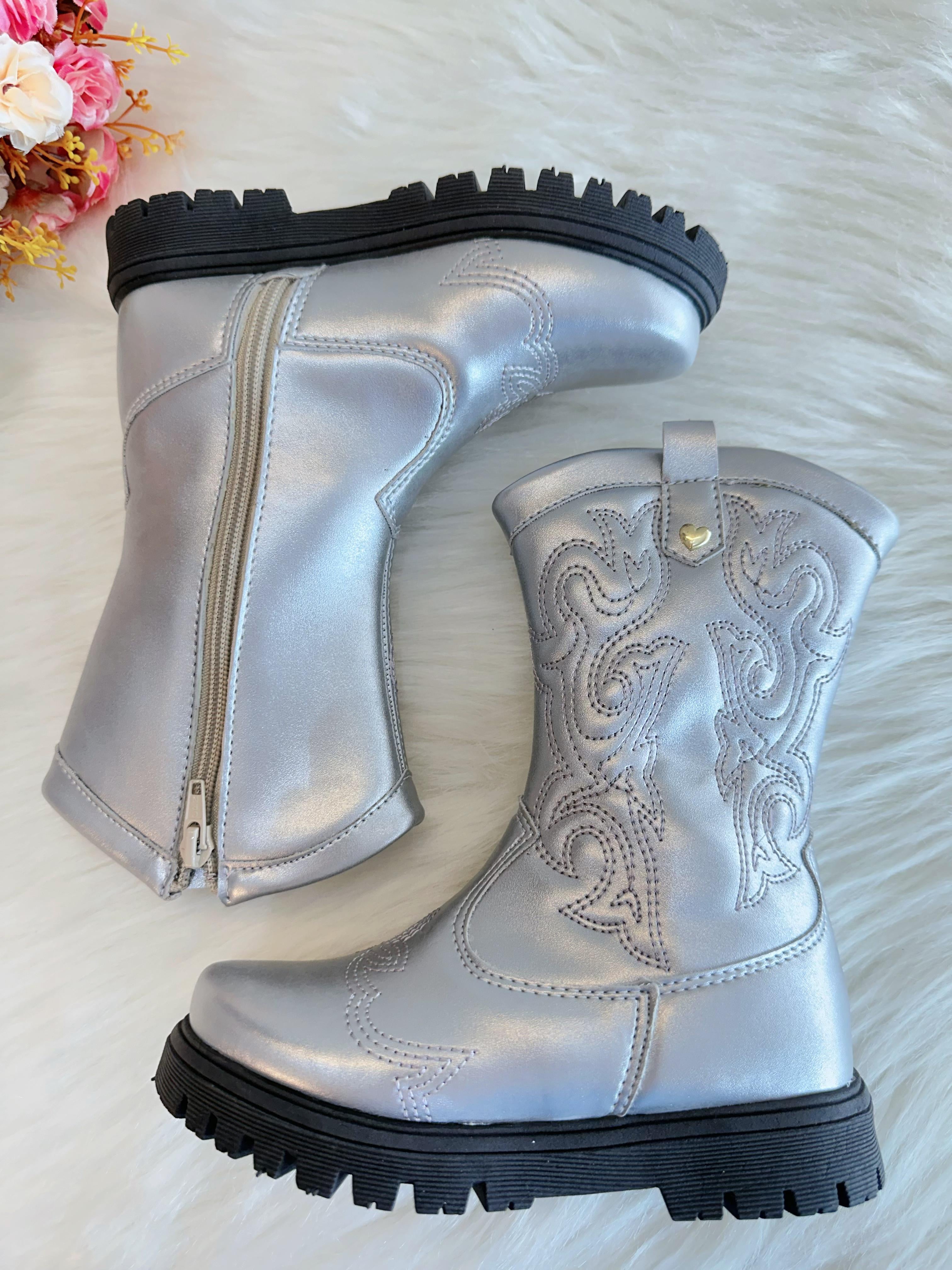 Bota infantil Boiadeira Texana Prata Com Zíper Luxo