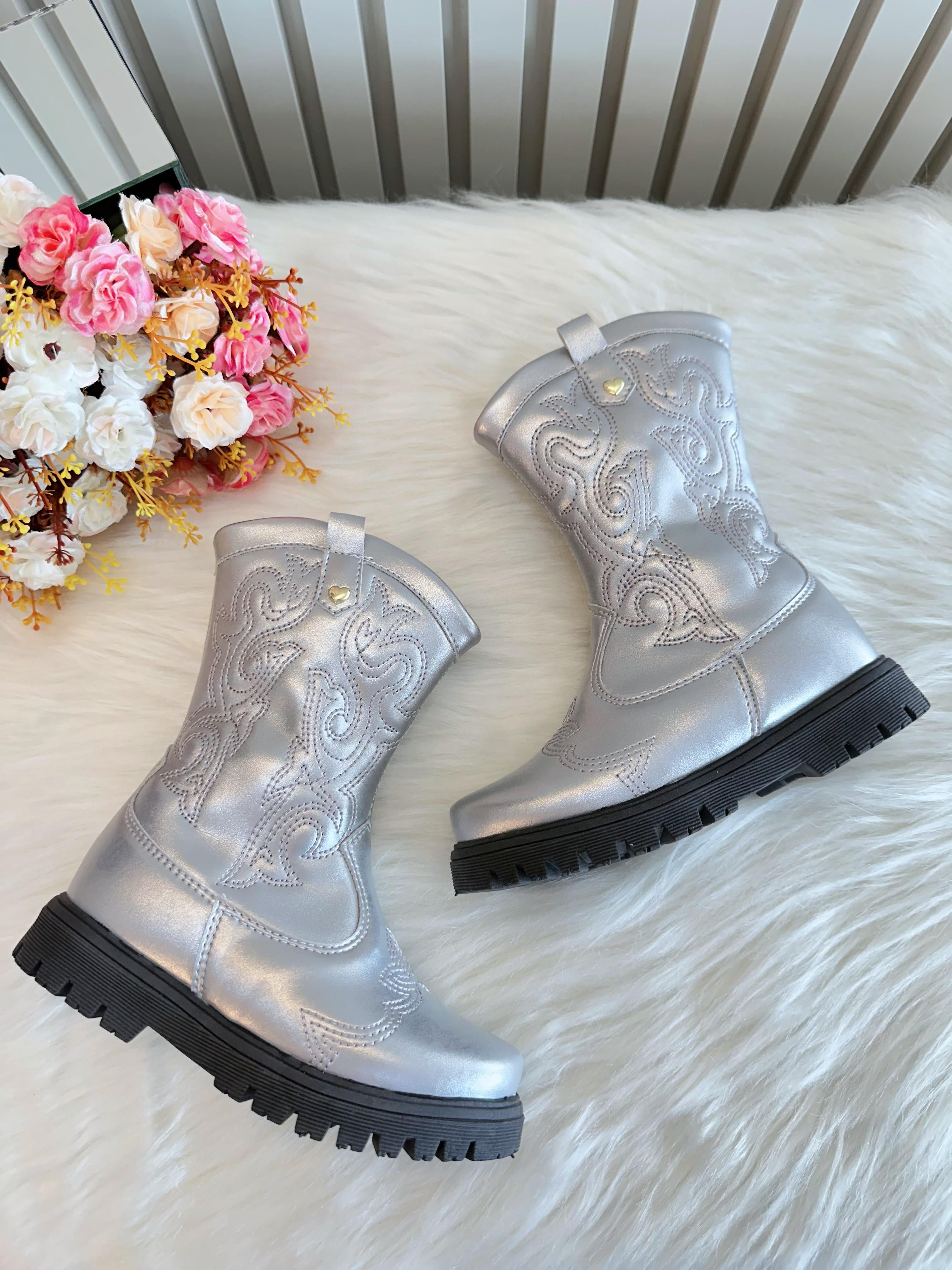Bota infantil Boiadeira Texana Prata Com Zíper Luxo