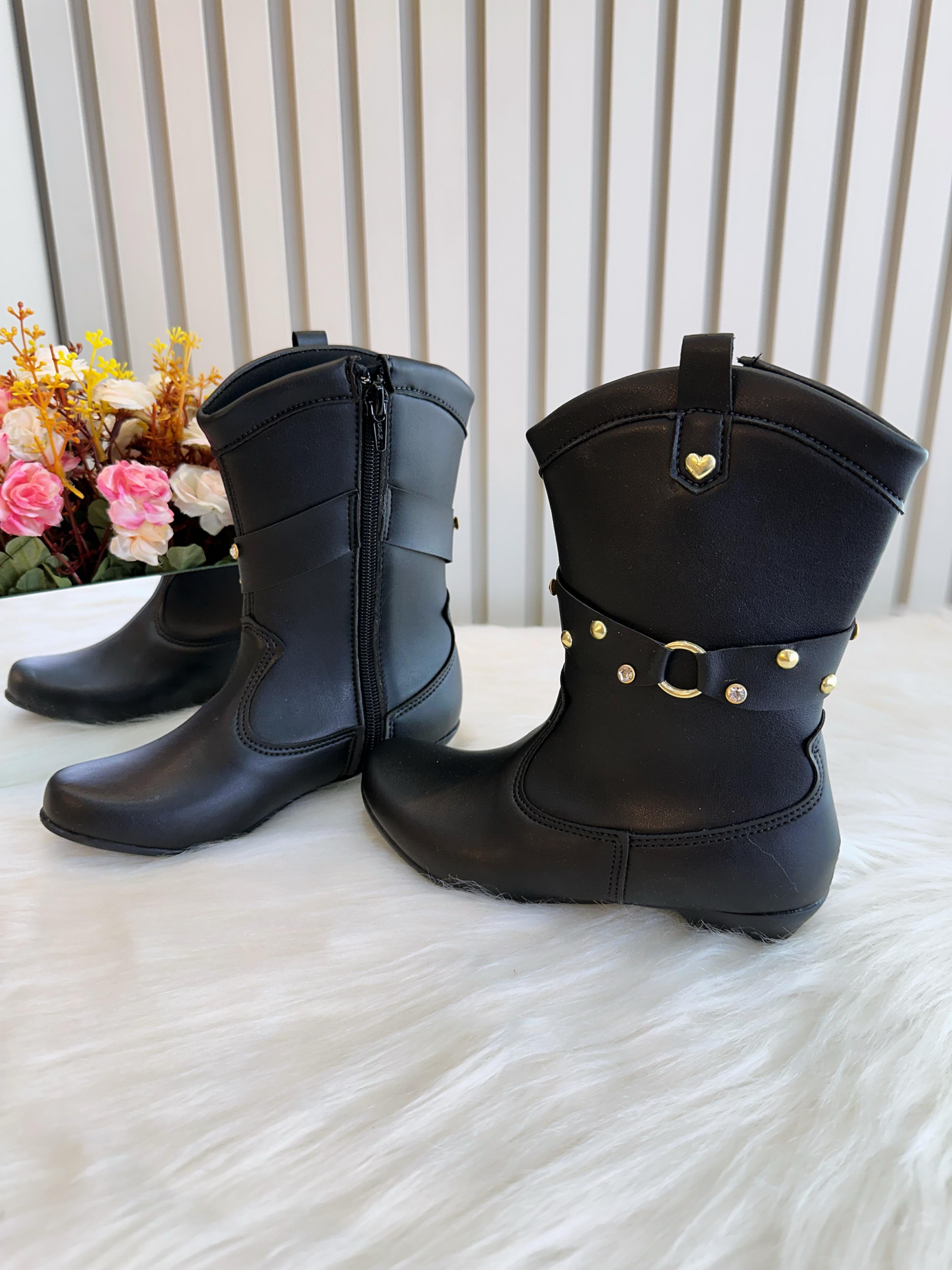 Bota infantil Boiadeira Texana Preta Com Salto e Zíper