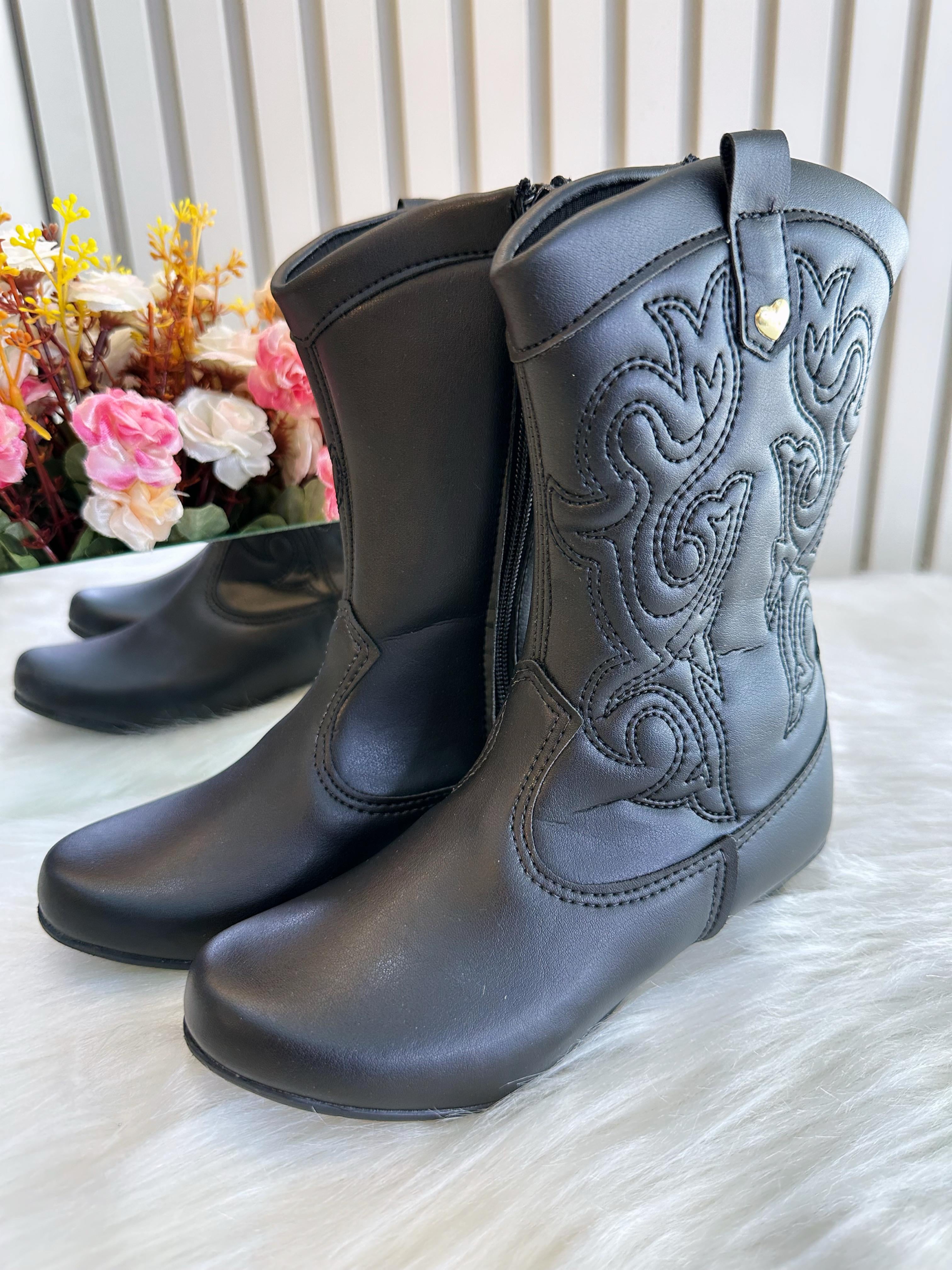 Bota infantil Boiadeira Texana Preta Com Zíper e Salto
