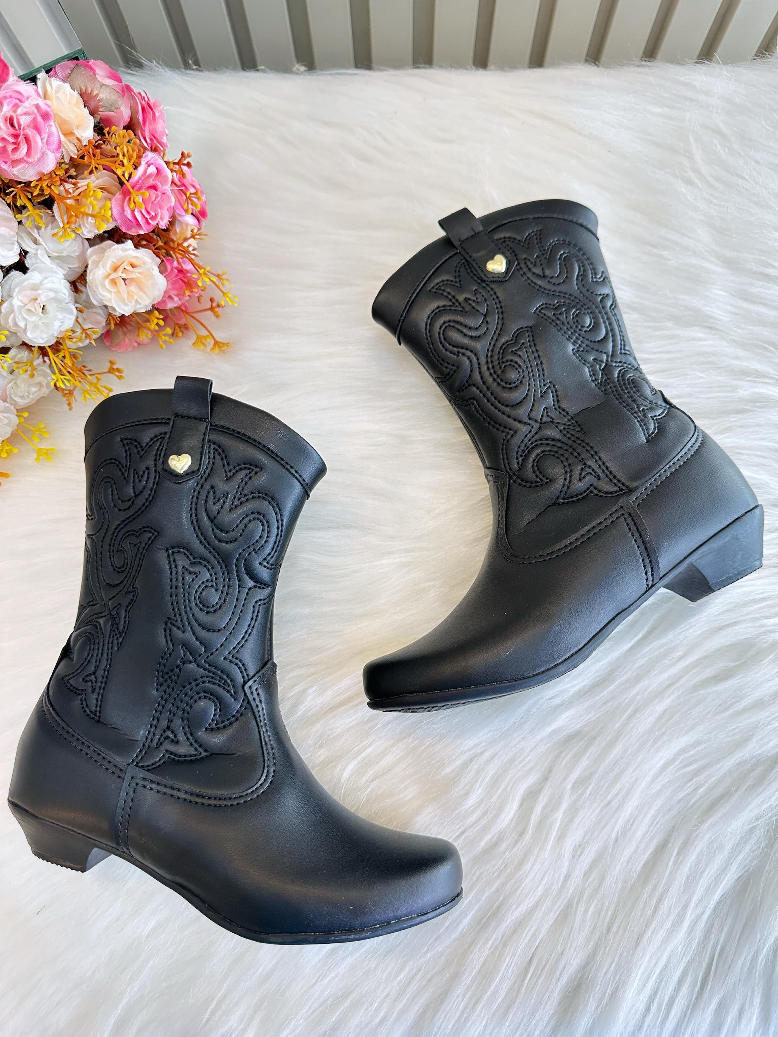 Bota infantil Boiadeira Texana Preta Com Zíper e Salto