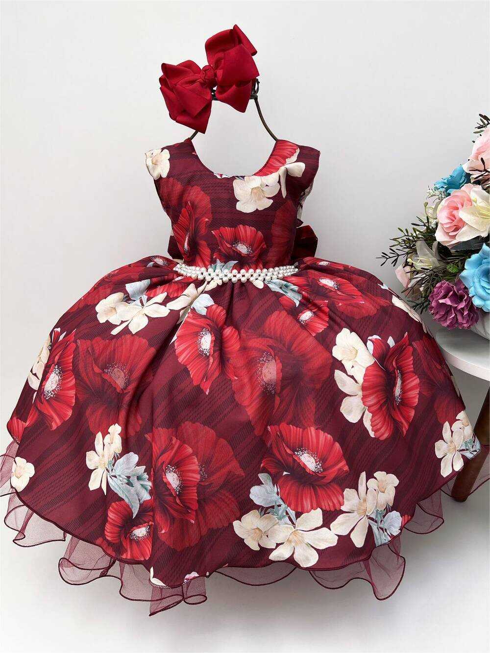 Vestido Infantil Marsala Florido Cinto de Pérolas Festas