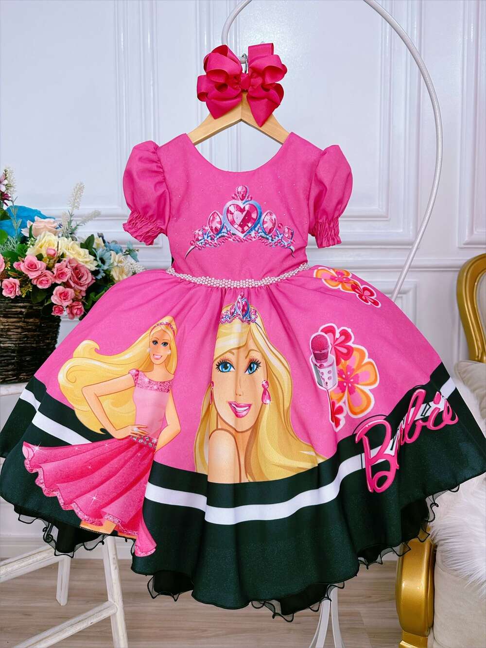 Vestido Infantil Princesa Barbie Rosa Chiclete Com Cinto