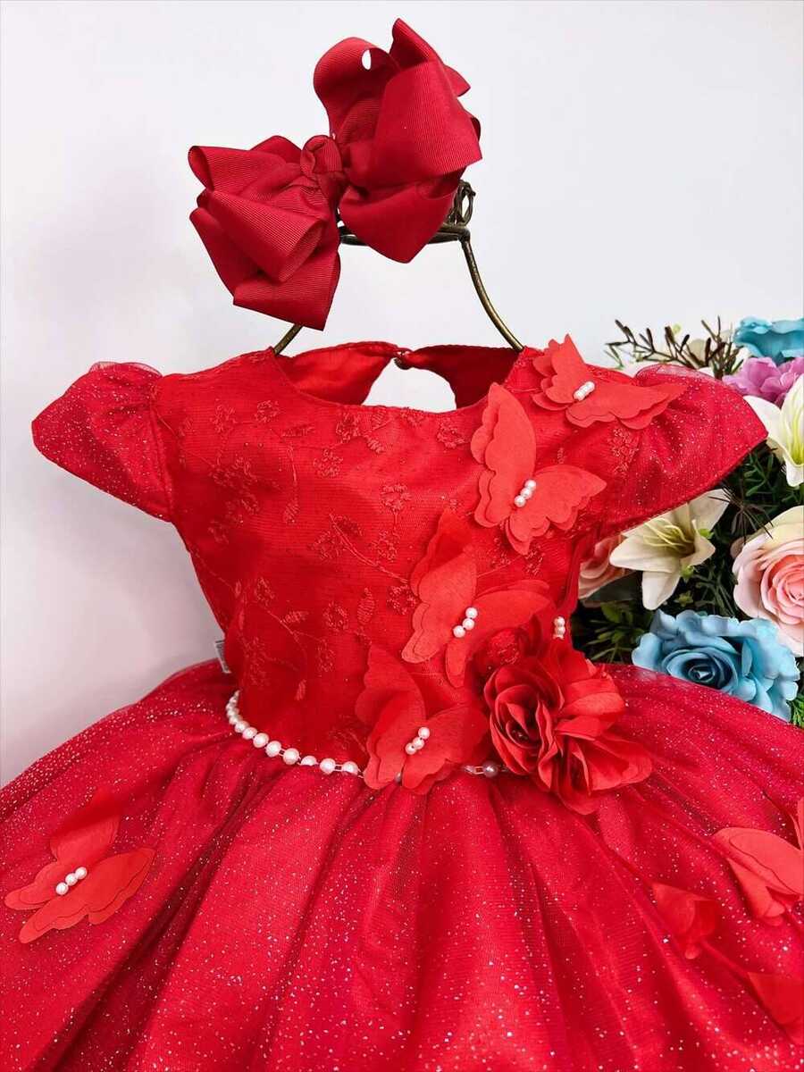 Vestido Infantil Vermelho Aplique de Borboletas Flor Brilho