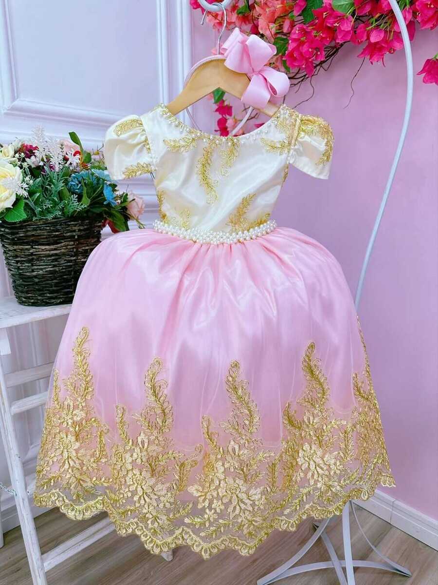 Vestido Infantil Marfim C/ Rosa Cinto Pérolas Renda Realeza