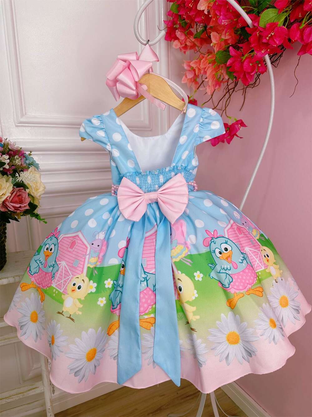 Vestido Infantil Galinha Pintadinha Azul C/ Cinto Pérolas