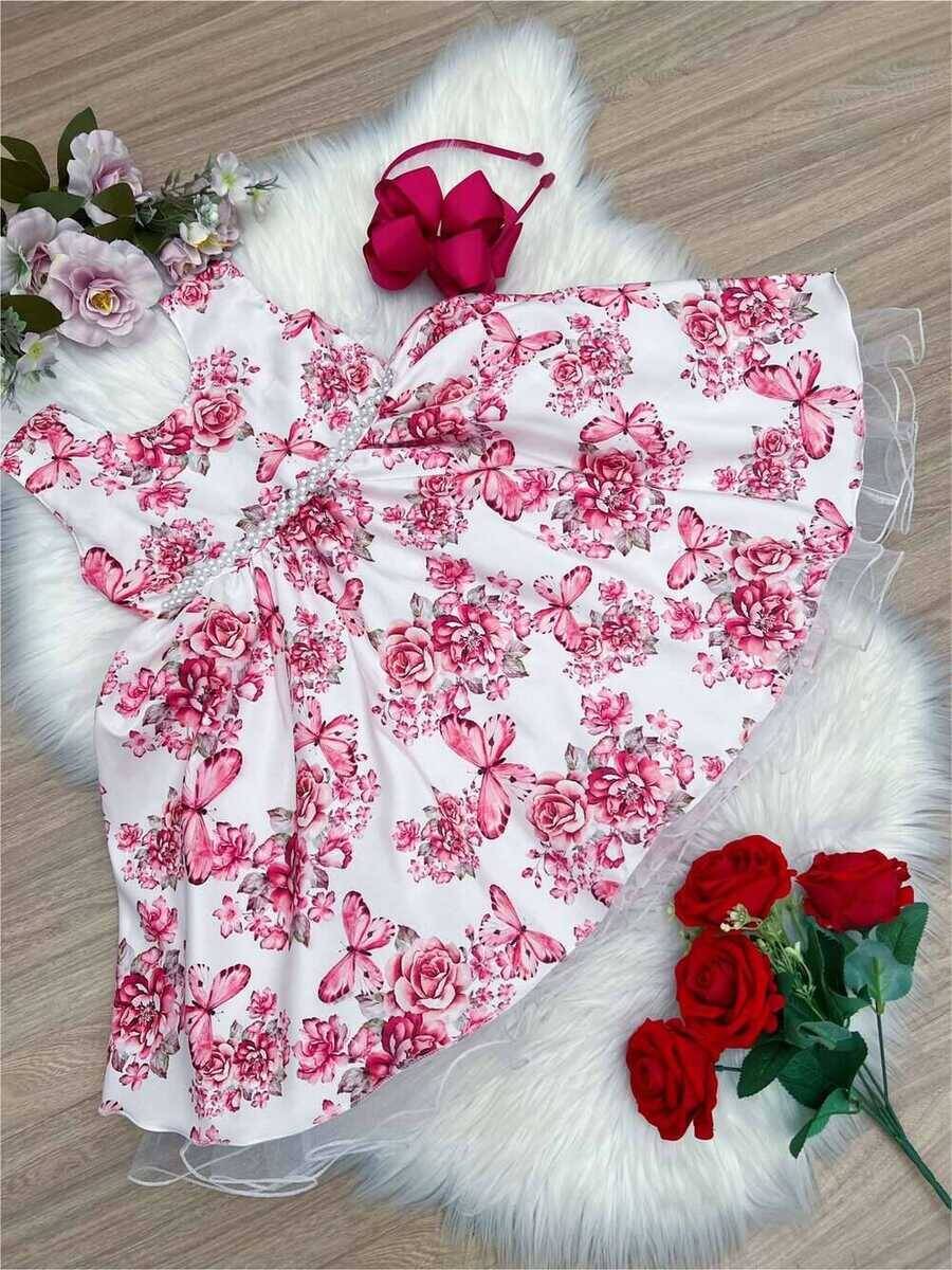 Vestido Infantil Rosa Bebê Jardim das Borboletas com Pérolas