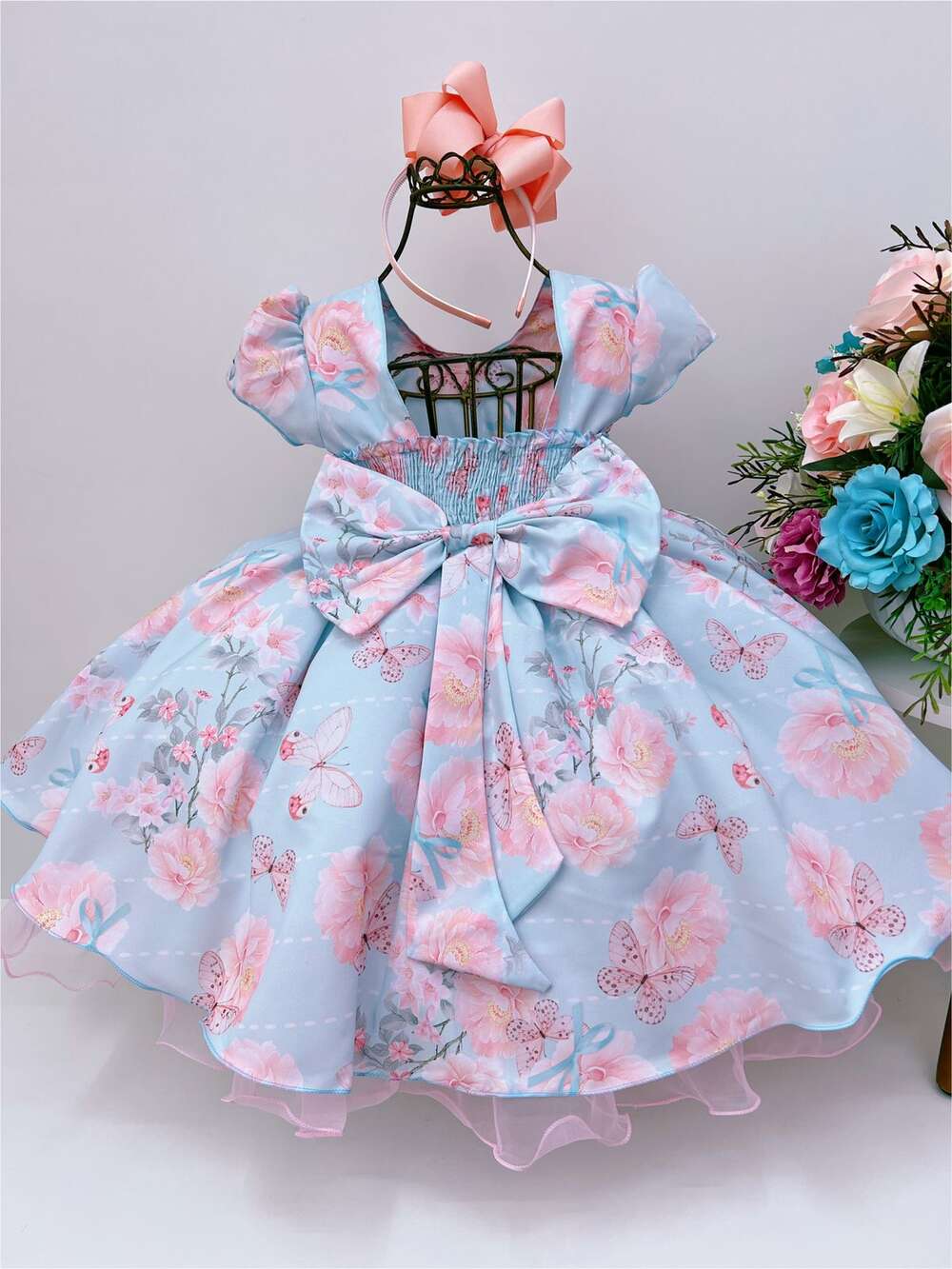 Vestido Infantil Azul Tiffany Jardim das Borboletas Pérolas