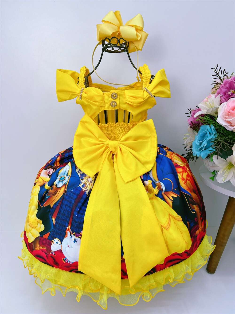 Vestido Infantil Bela e a Fera Amarelo C/ Renda Pérolas Luxo