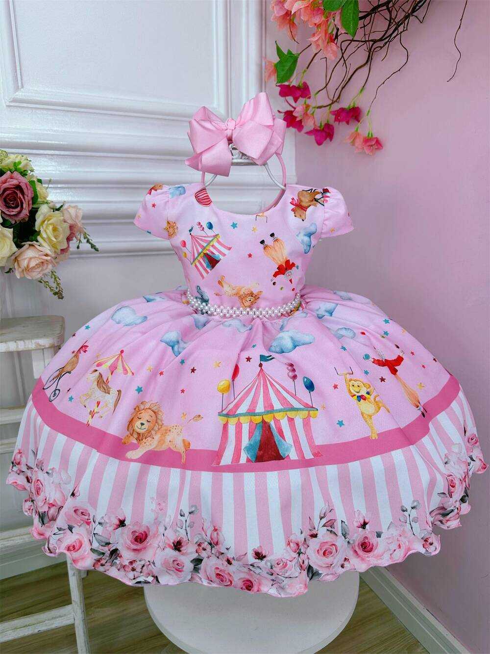 Vestido Infantil Circo Rosa Floral C/ Cinto Pérolas Festas