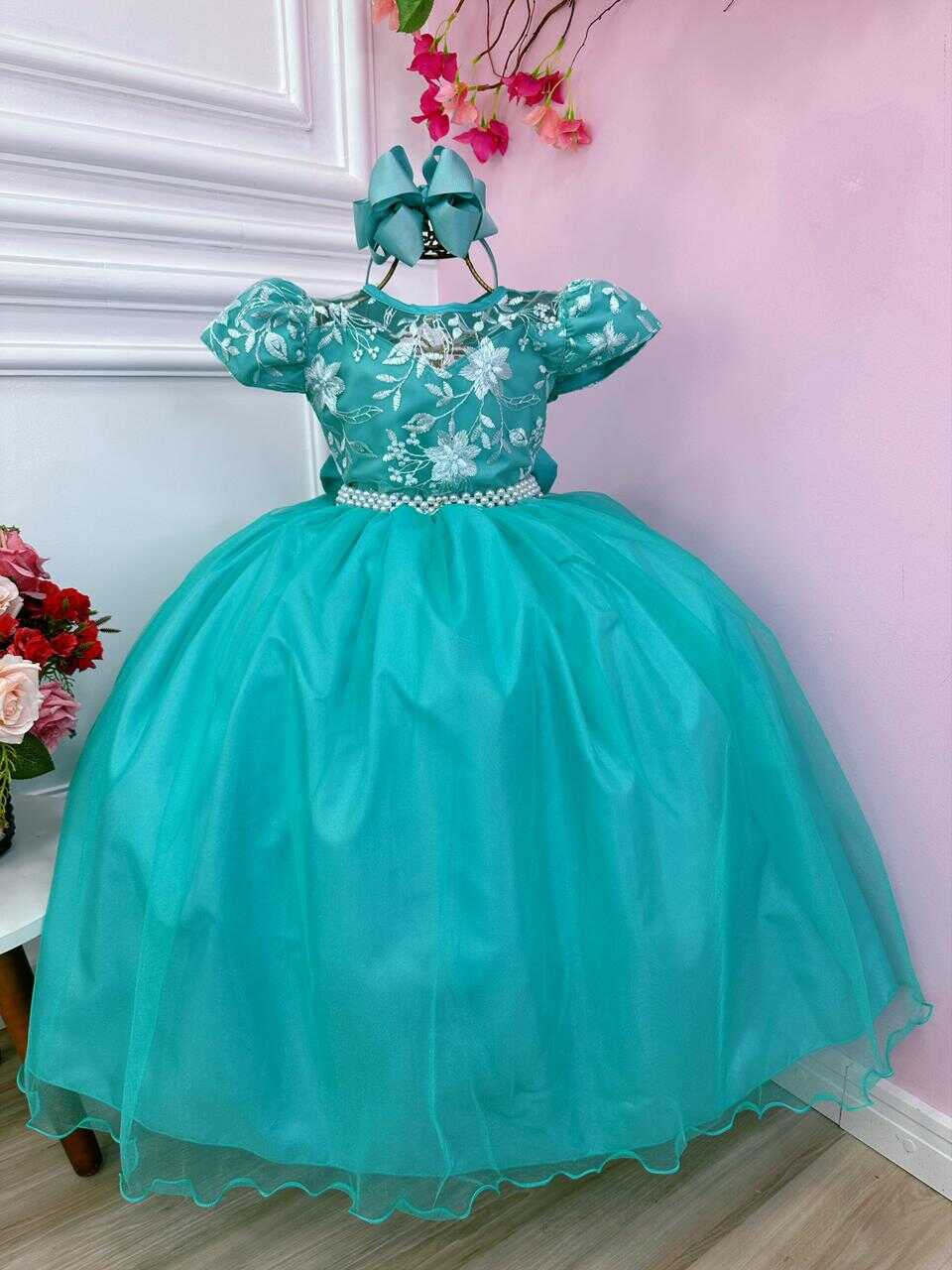 Vestido Infantil Damas Honra Casamento Verde C/ Renda Pérola