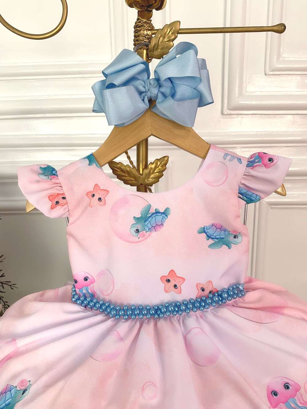 Vestido Infantil Princesa Sereia Ariel e Amigos C/ Pérolas