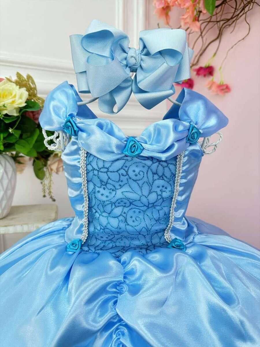 Fantasia Infantil Frozen e Cinderela C/ Renda Azul Strass