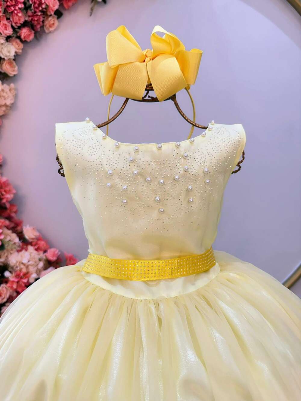 Vestido Infantil Amarelo Damas de Honra Longo Strass Pérolas