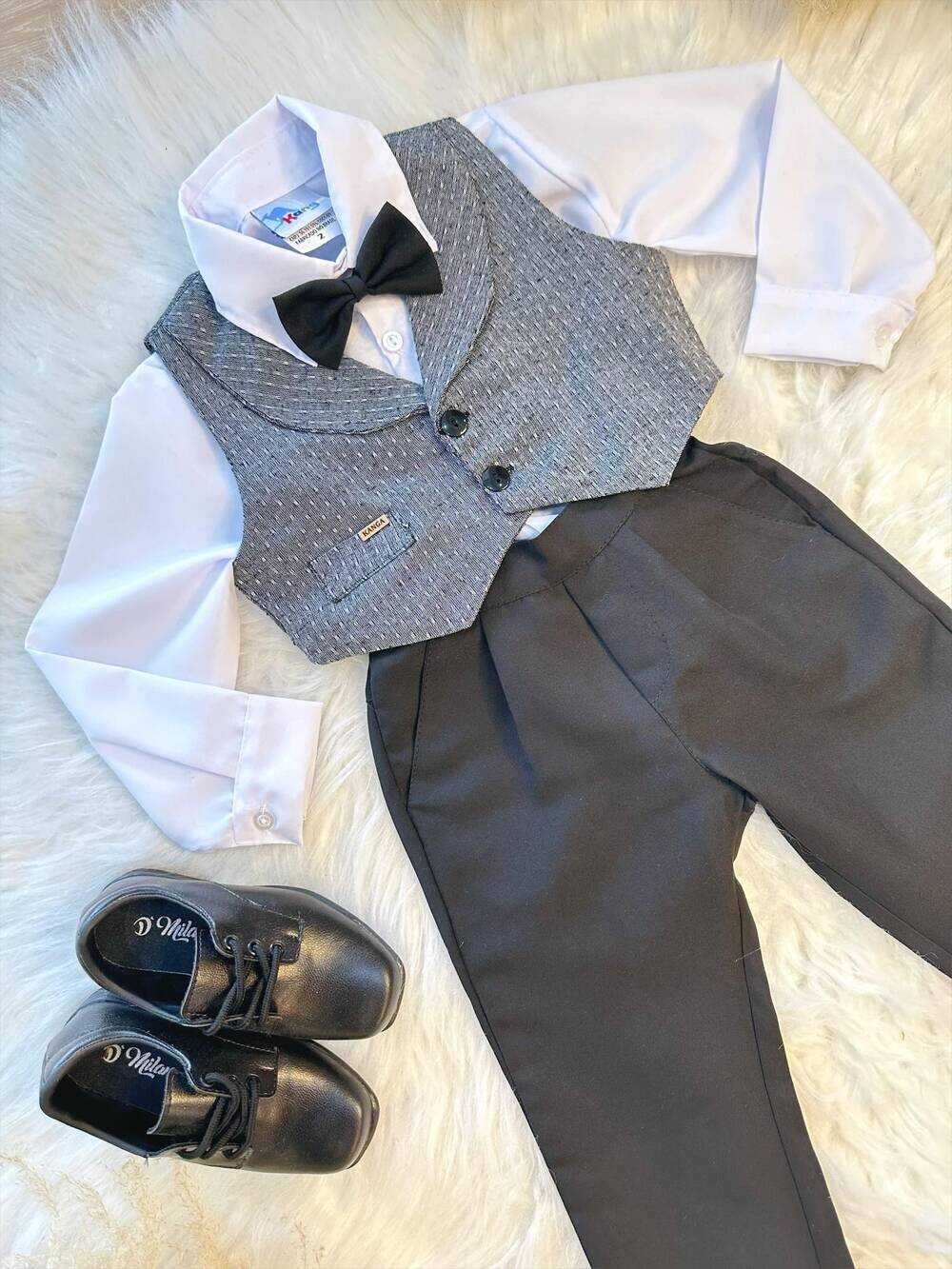 Conjunto Social Camisa Calça Gravata Preto e Colete Cinza