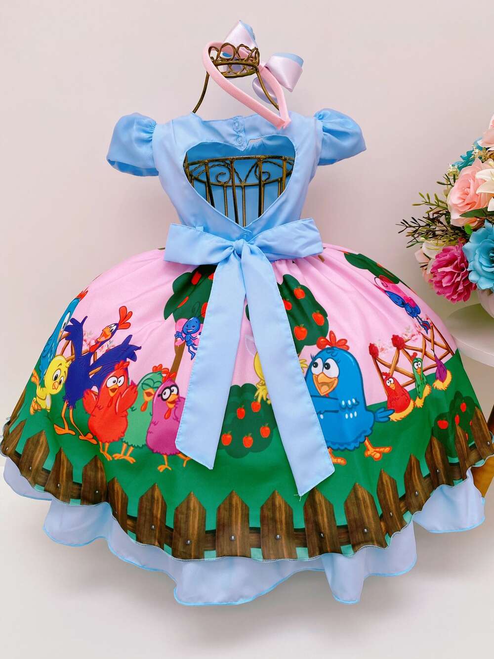 Vestido Infantil Galinha Pintadinha Azul Cinto Pérolas C/ Tiara