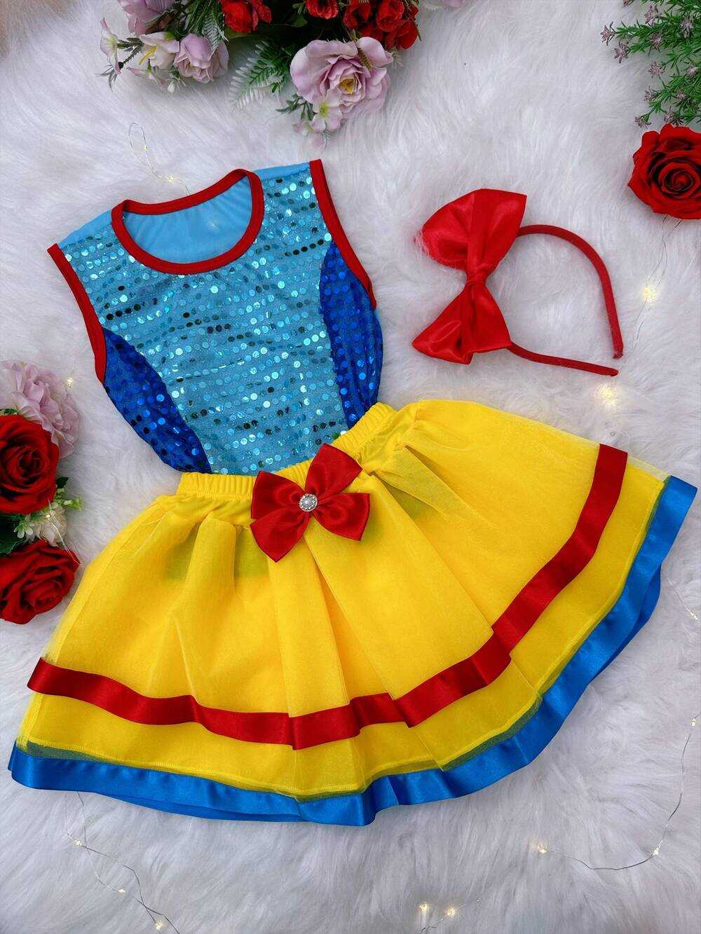 Fantasia Infantil Branca de Neve Blusa Saia Com Tiara