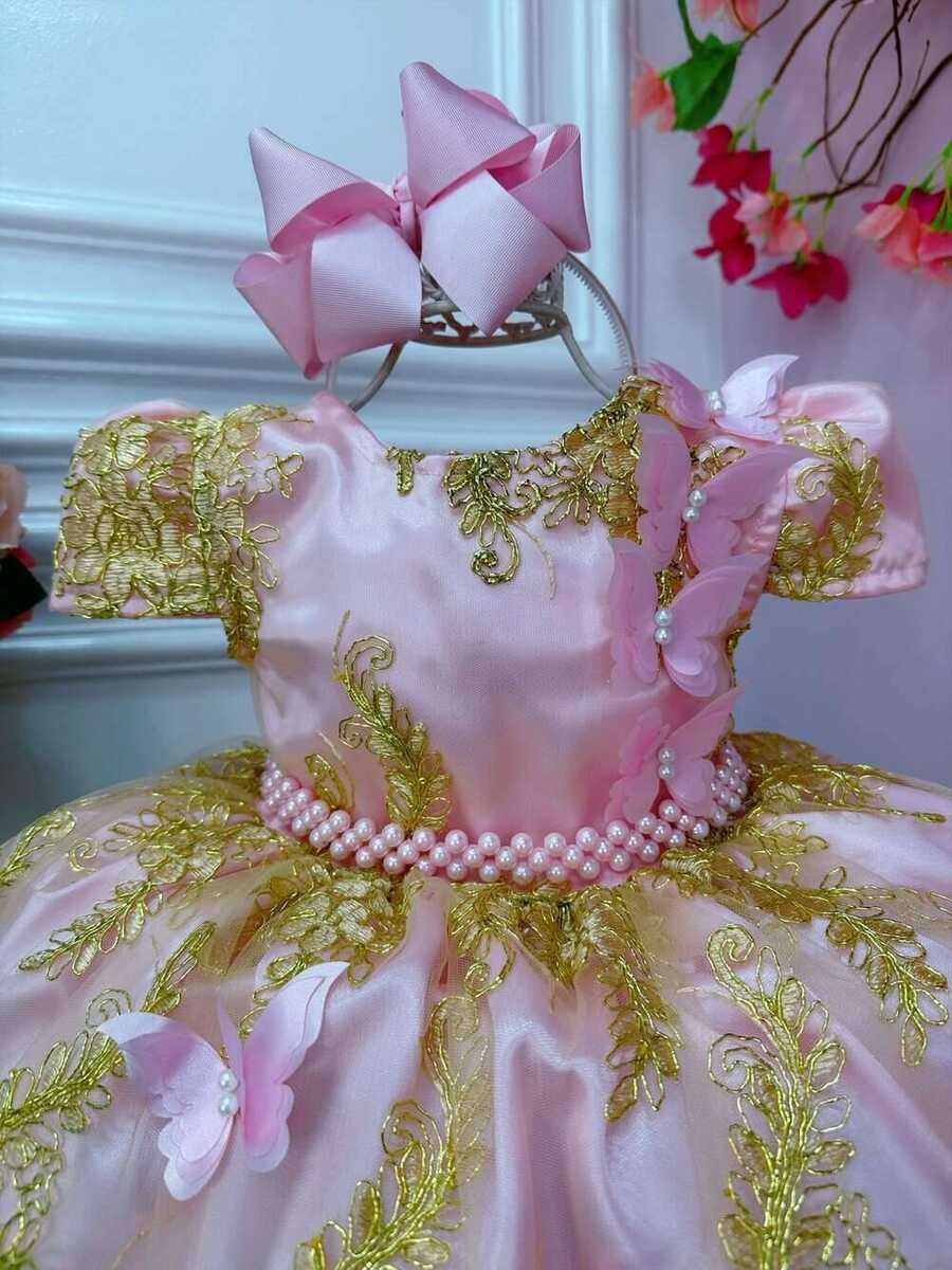 Vestido Infantil Rosa Renda Realeza e Aplique de Borboletas