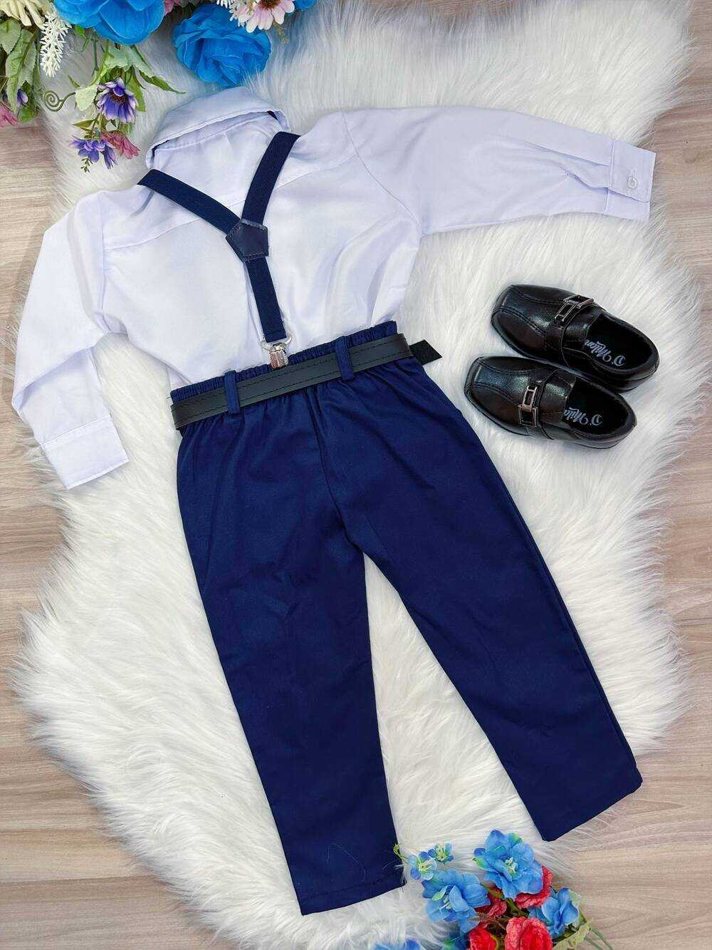 Conjunto Social Camisa Gravata Calça e Susp. Azul Marinho