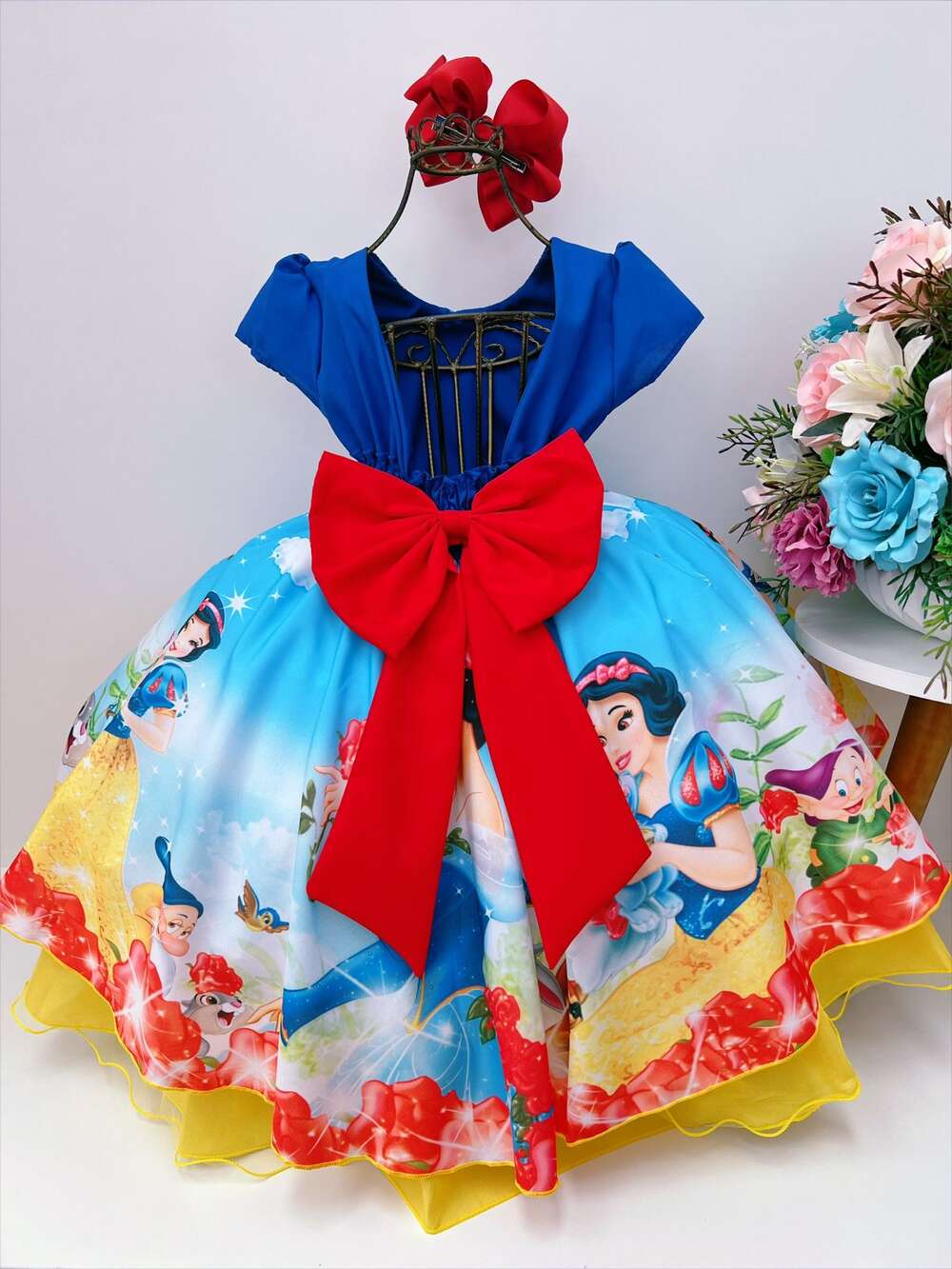 Vestido Infantil Branca de Neve Azul C/ Renda Pérolas Strass