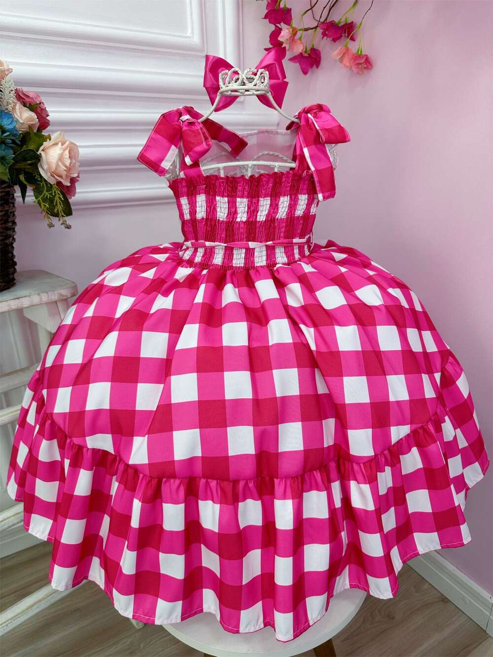 Vestido Infantil Barbie Xadrez Pink Com Laço