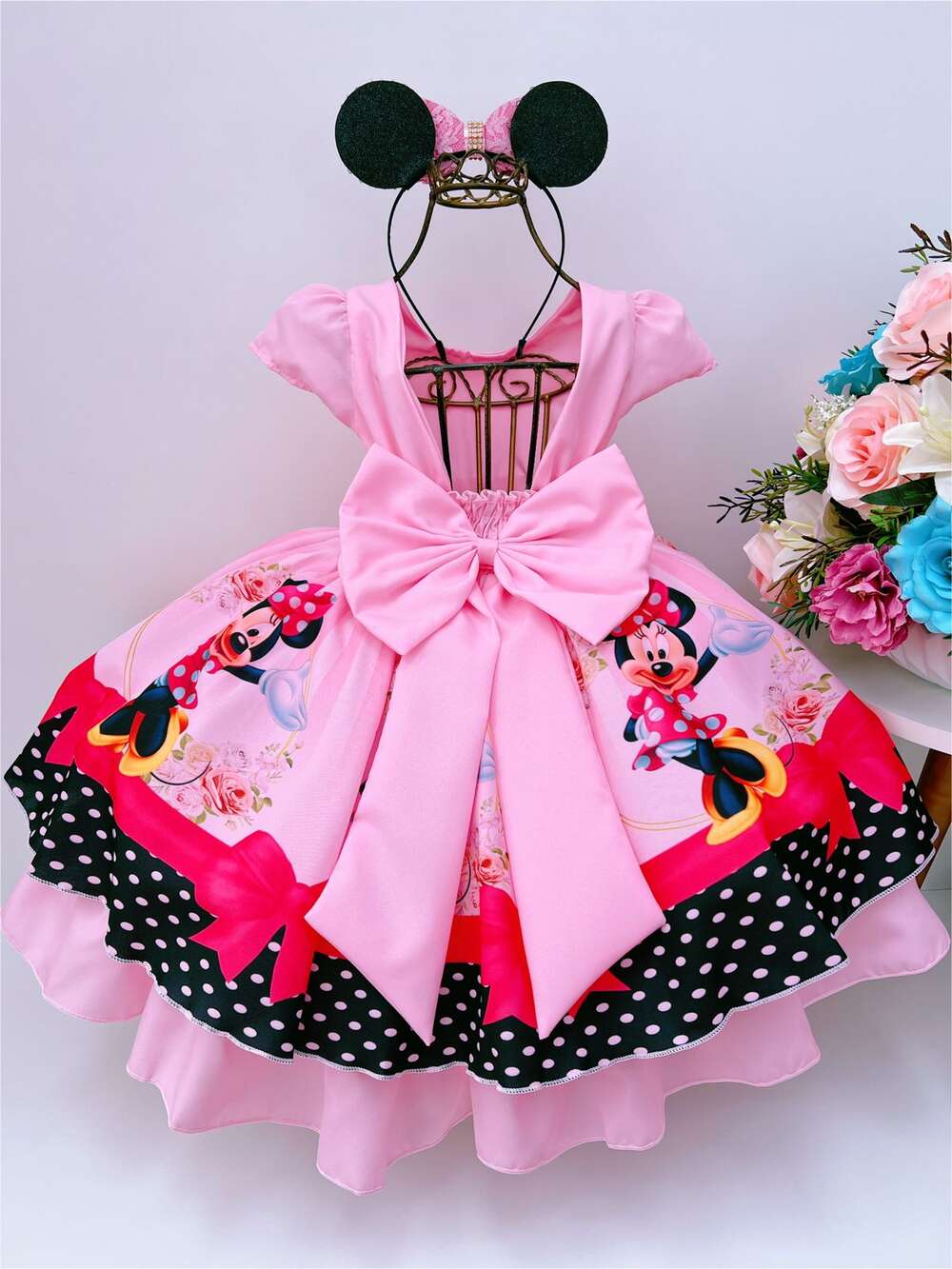 Vestido Infantil Minnie Rosa C/ Laço Florido e Strass