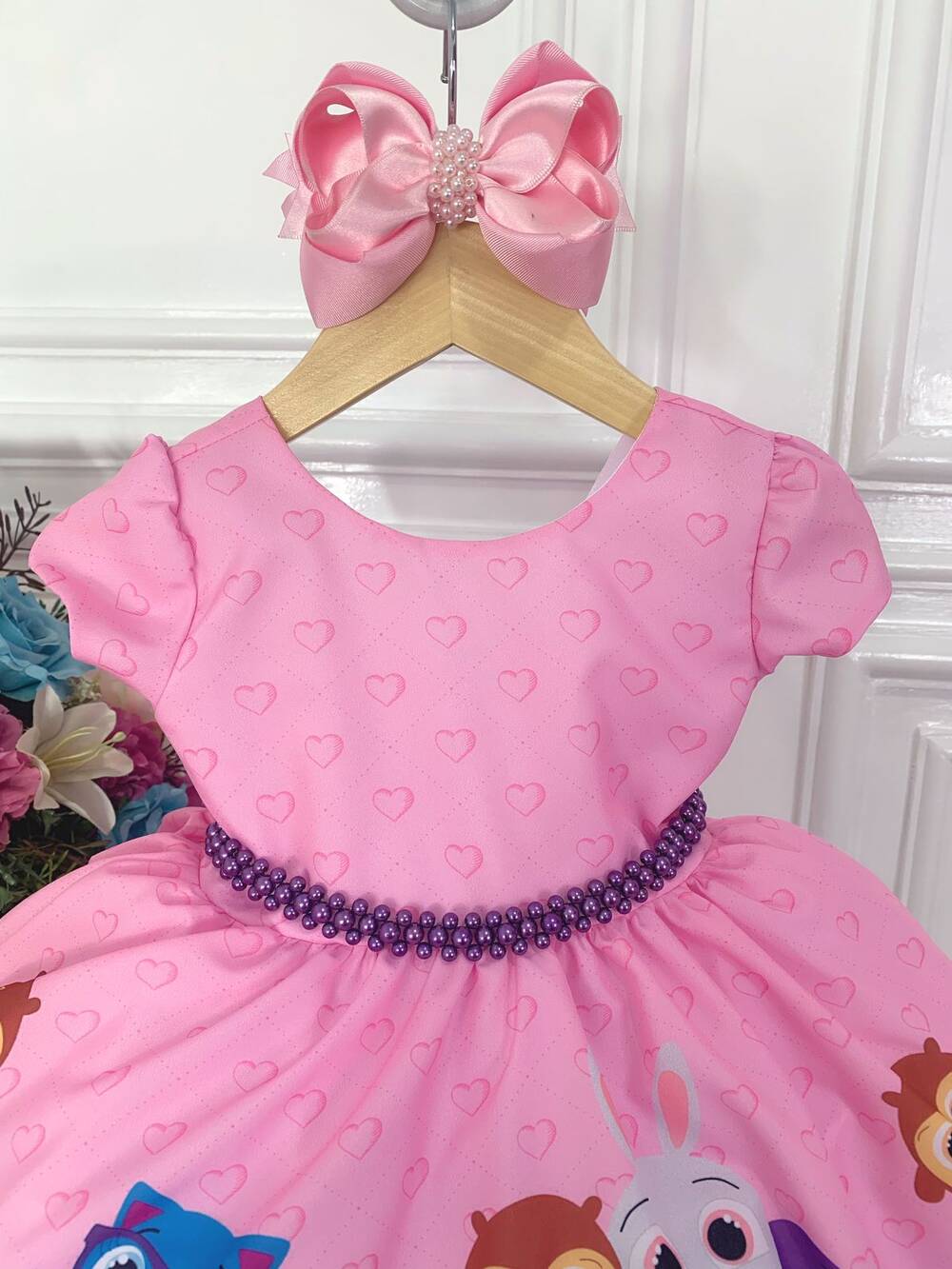 Vestido Infantil Rosa Bolofofos Florido C/ Cinto de Pérolas