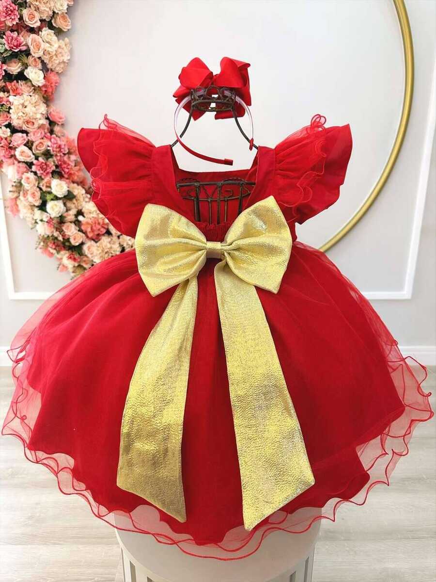 Vestido Infantil Vermelho Broches Dourados Natal Festa