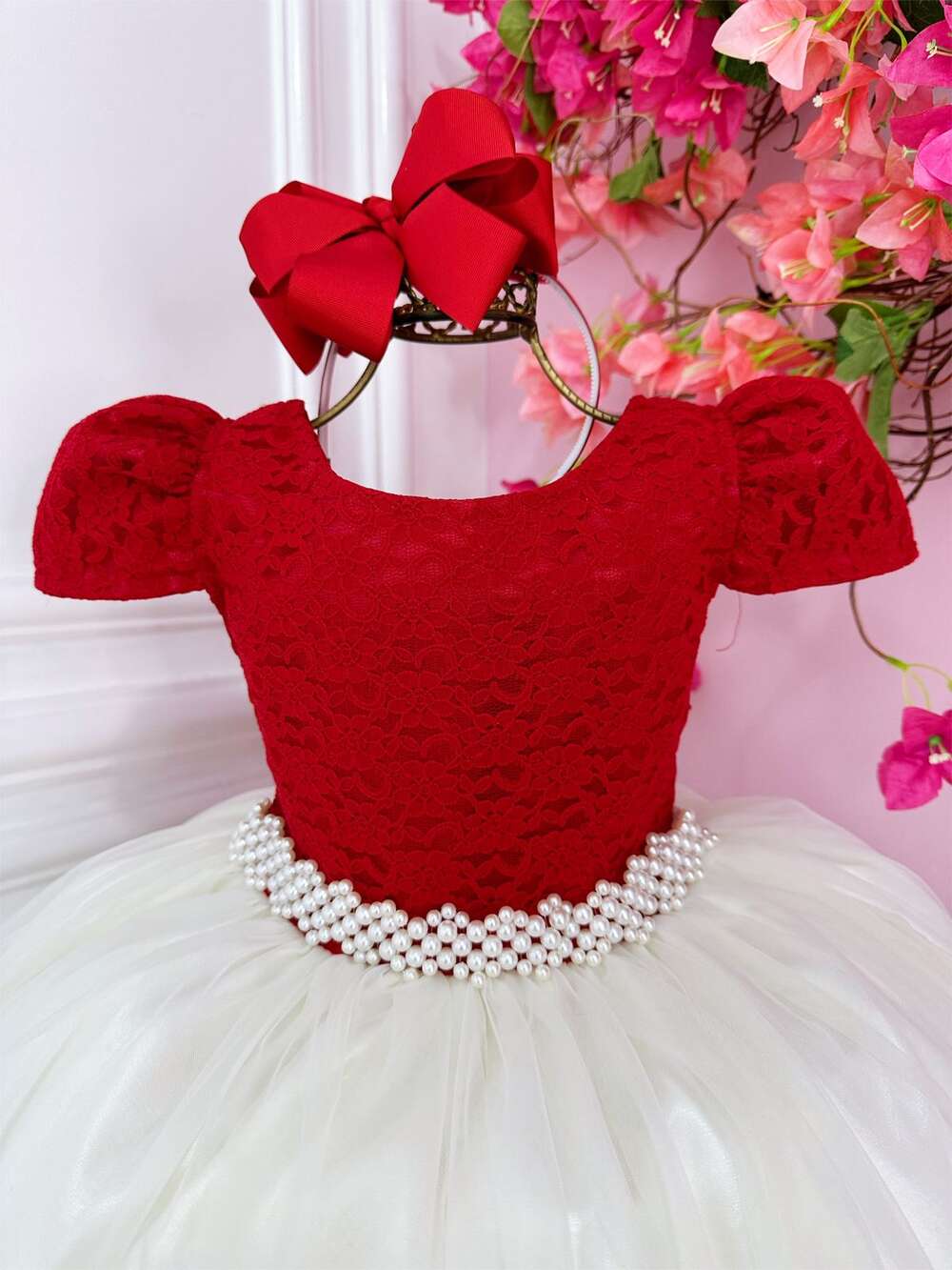 Vestido Infantil Vermelho Renda e Saia Off White Damas Longo