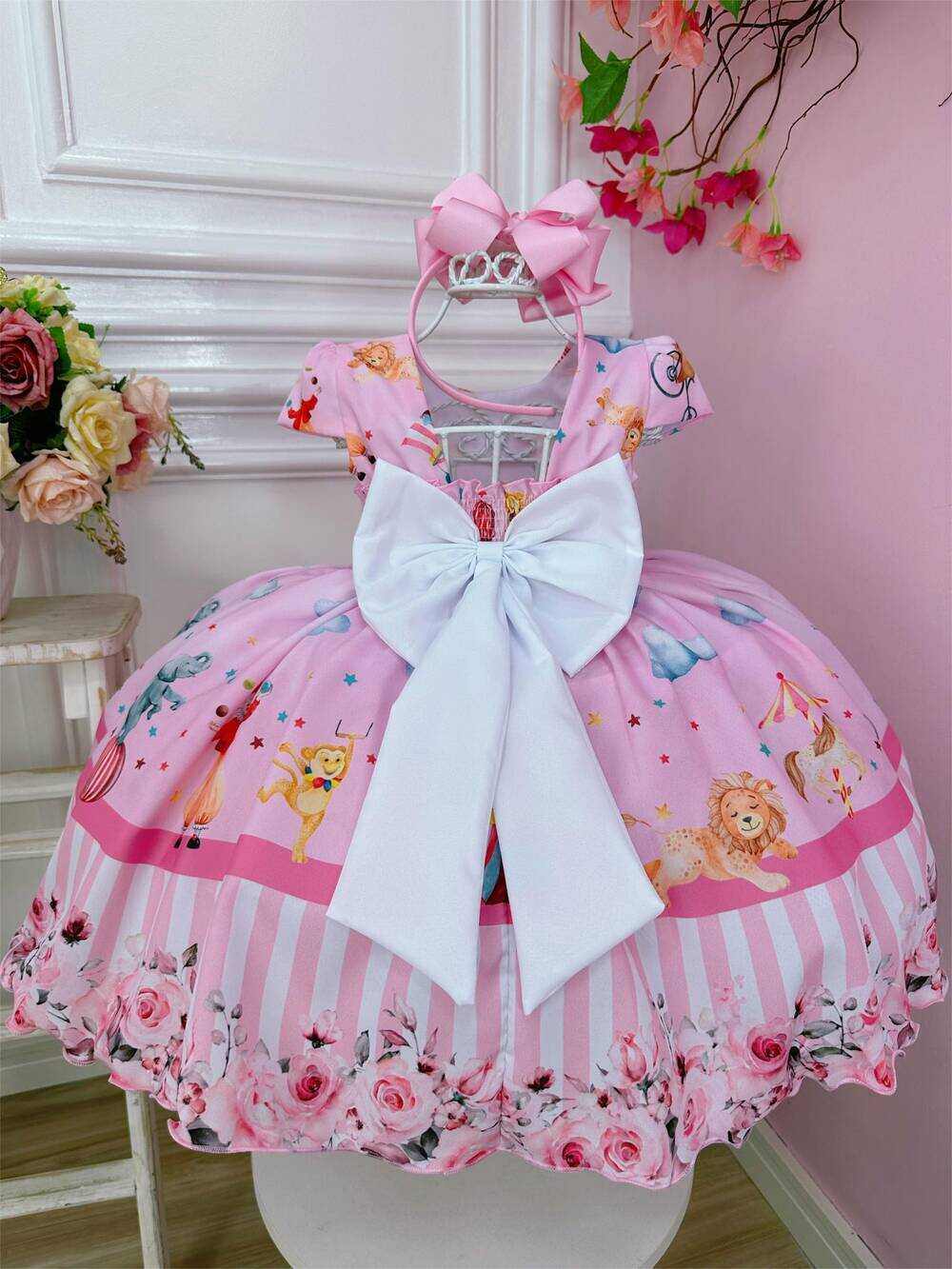 Vestido Infantil Circo Rosa Floral C/ Cinto Pérolas Festas