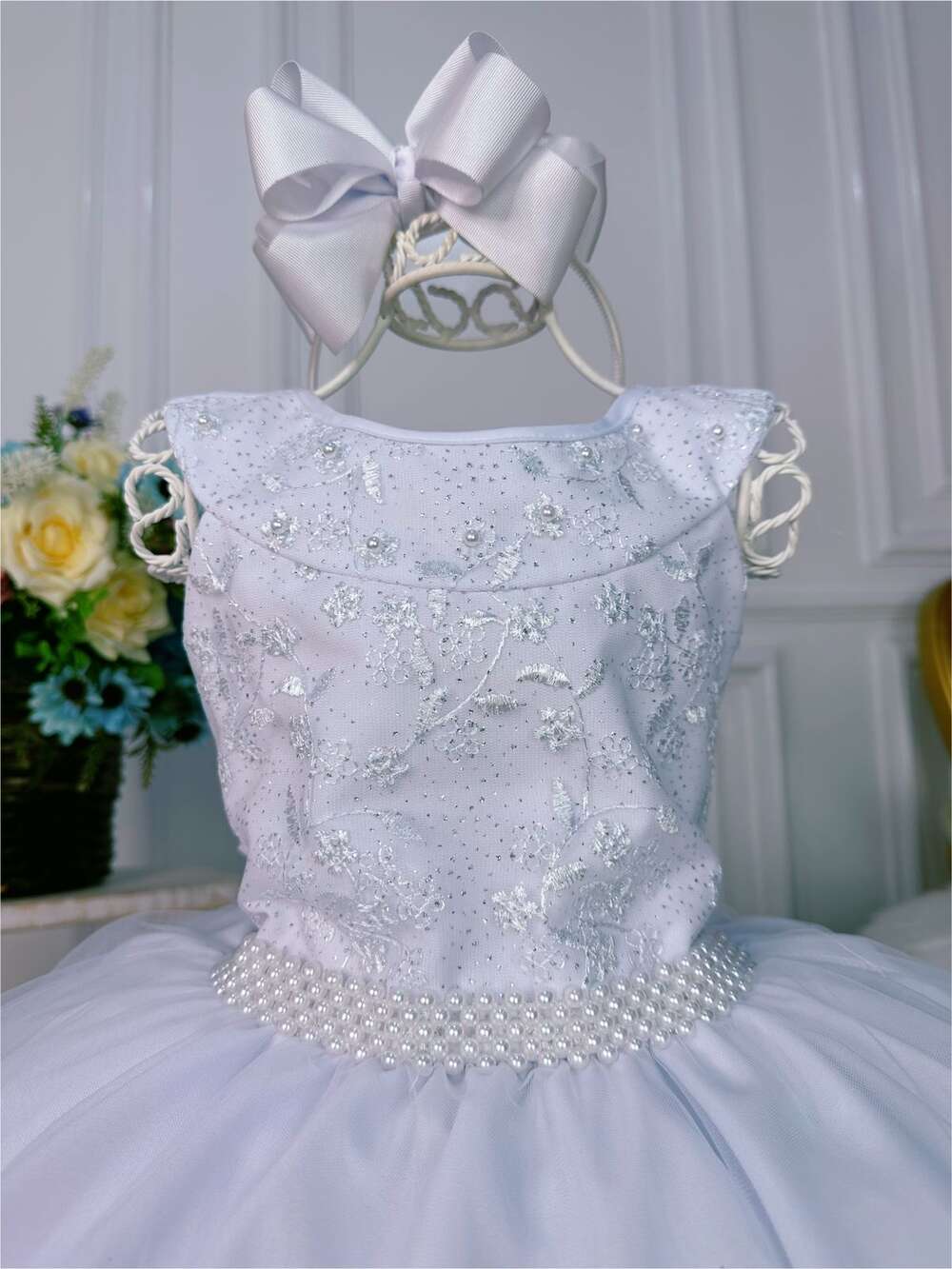 Vestido Infantil Branco C/ Renda Glitter e Cinto de Pérolas