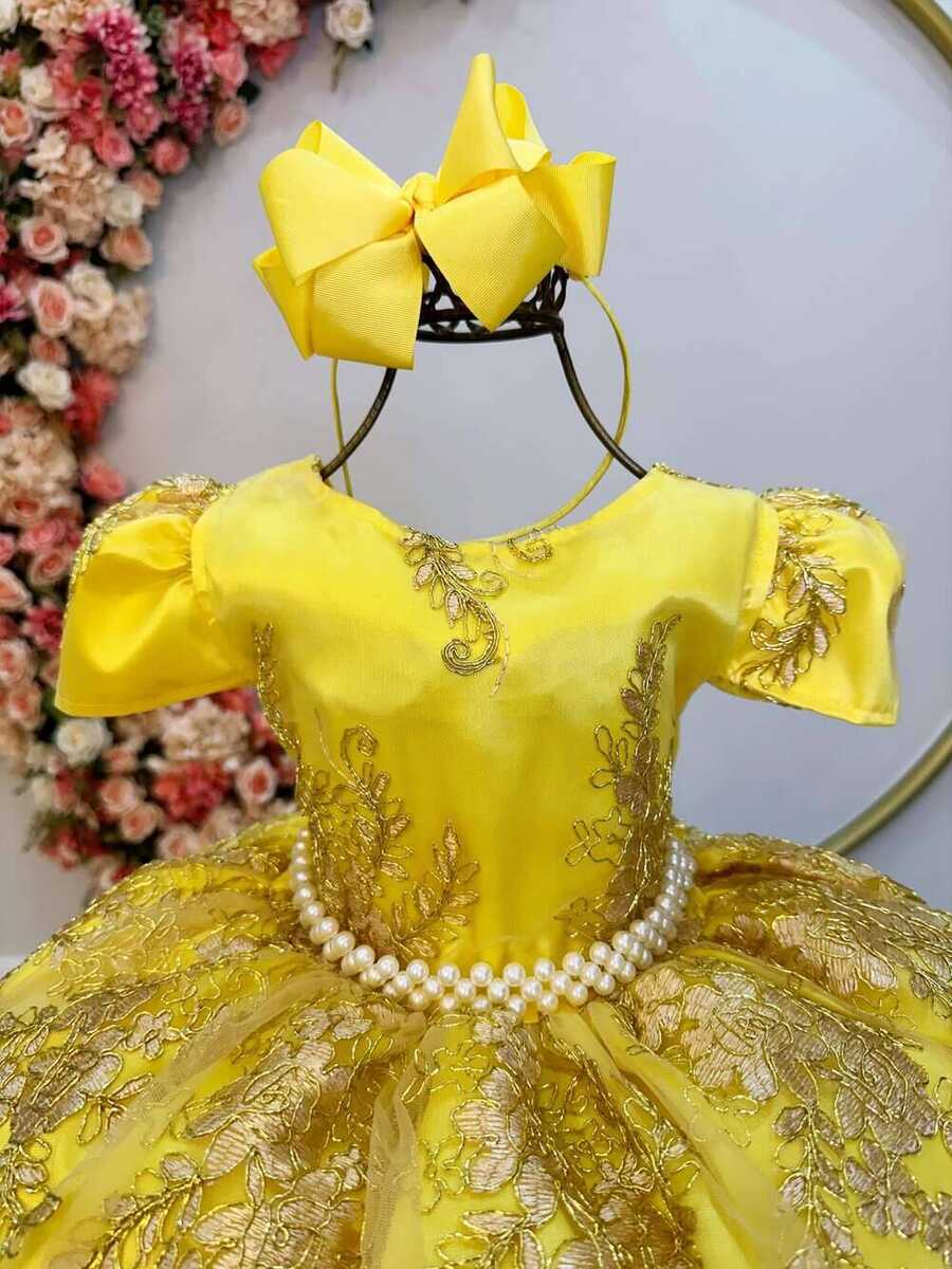 Vestido Infantil Amarelo C/ Renda Dourada Realeza Pérolas