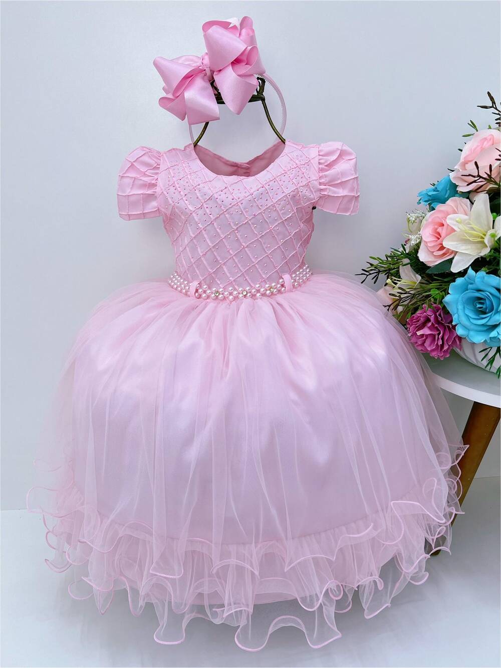 Vestido Infantil Rosa Peito C/ Nervura Strass Pérolas